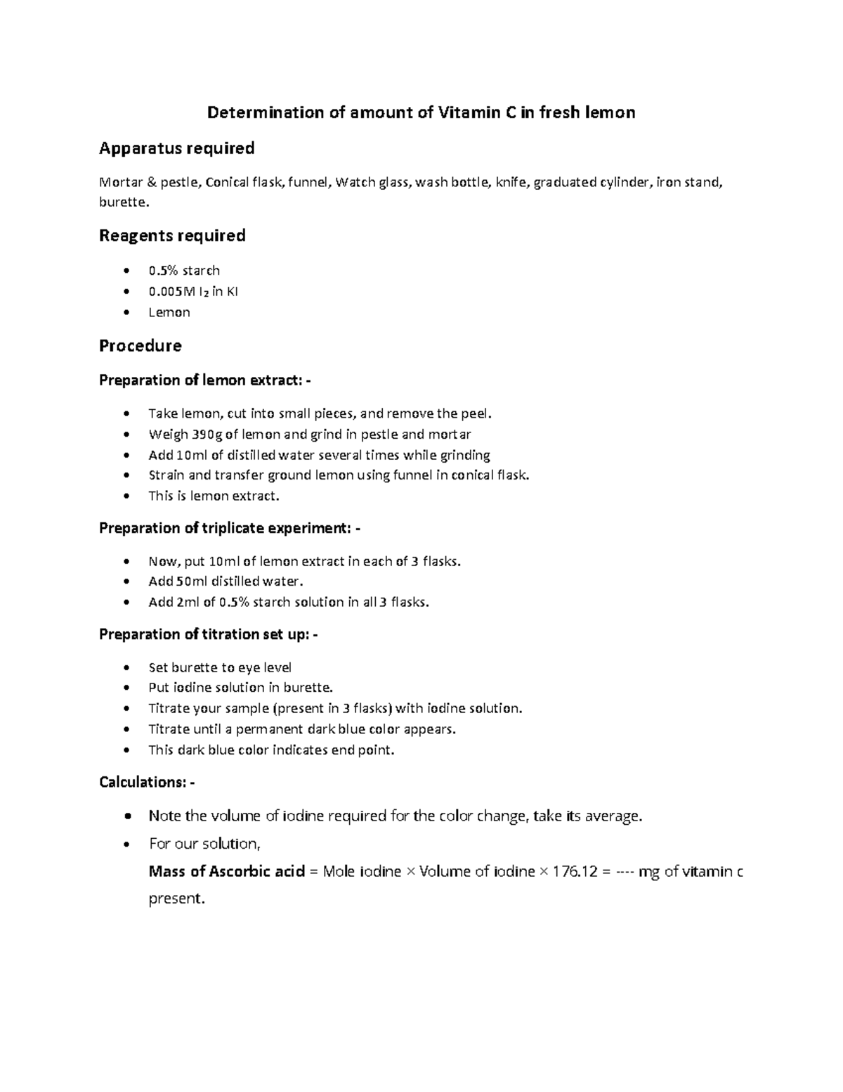 Determination of vitamin C in lemon Determination of amount of