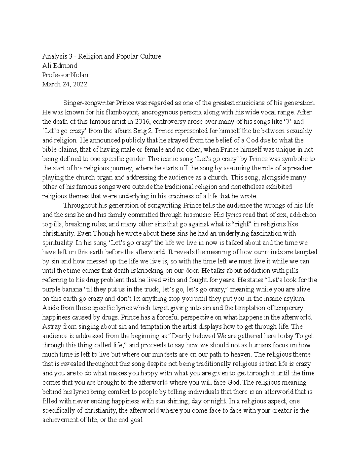 Analysis 3- religion - test grade paper(grade: A +) - Analysis 3 ...