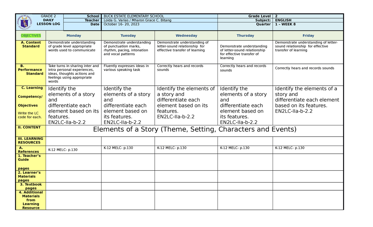 WEEK8-dll- English - lesson plan - GRADE 2 DAILY LESSON LOG School BUCK ...