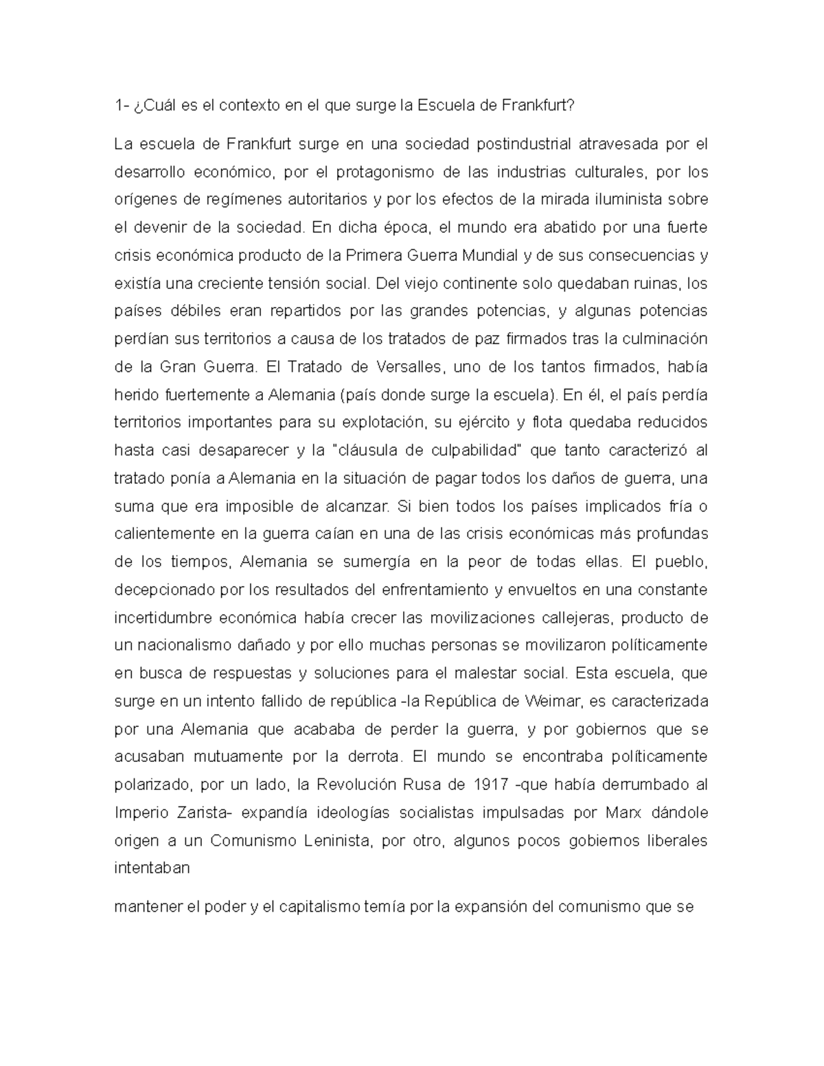 Escuela DE Frankfurt 1 Cu l Es El Contexto En El Que Surge La