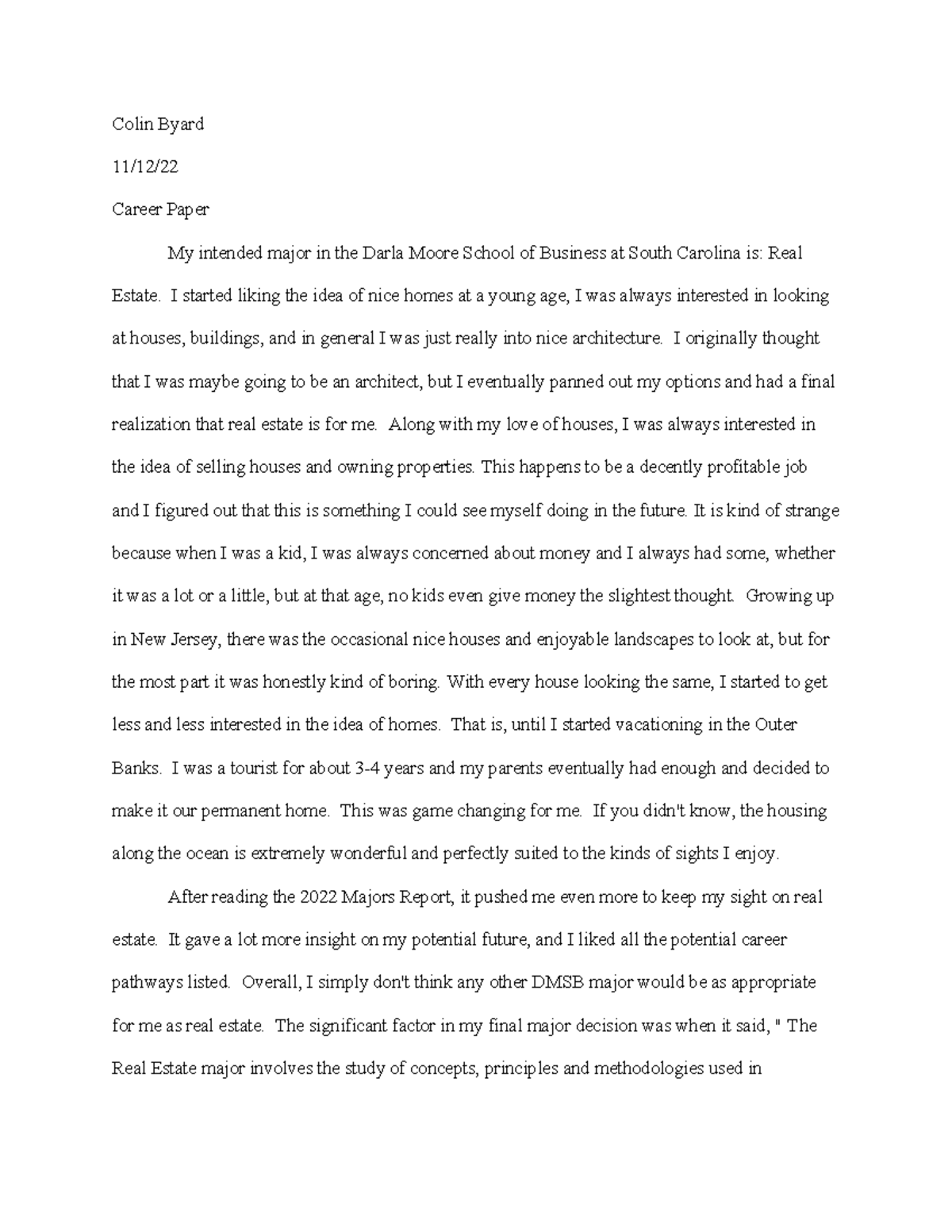 Career Paper - Colin Byard 11/12/ Career Paper My intended major in the ...