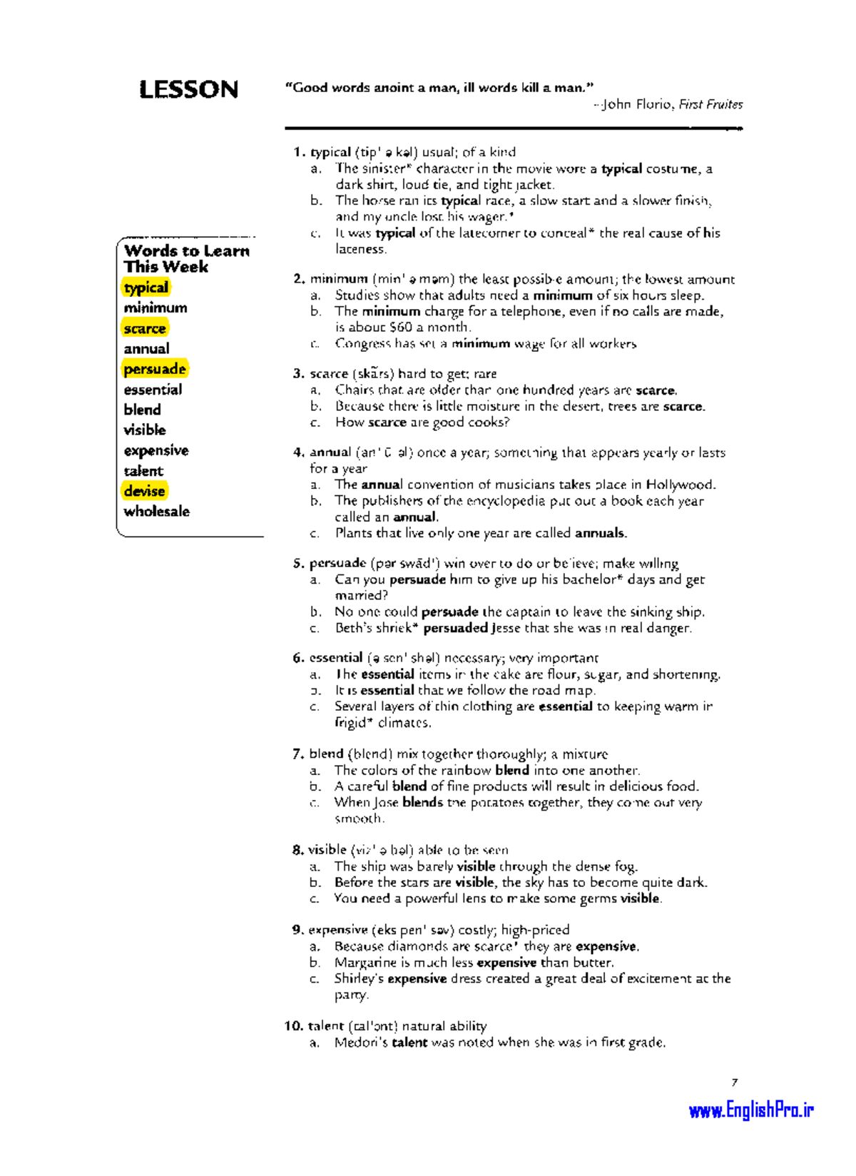 Vocabulary Week 2 Full Marks LESSON Words To Learn This Week Typical 