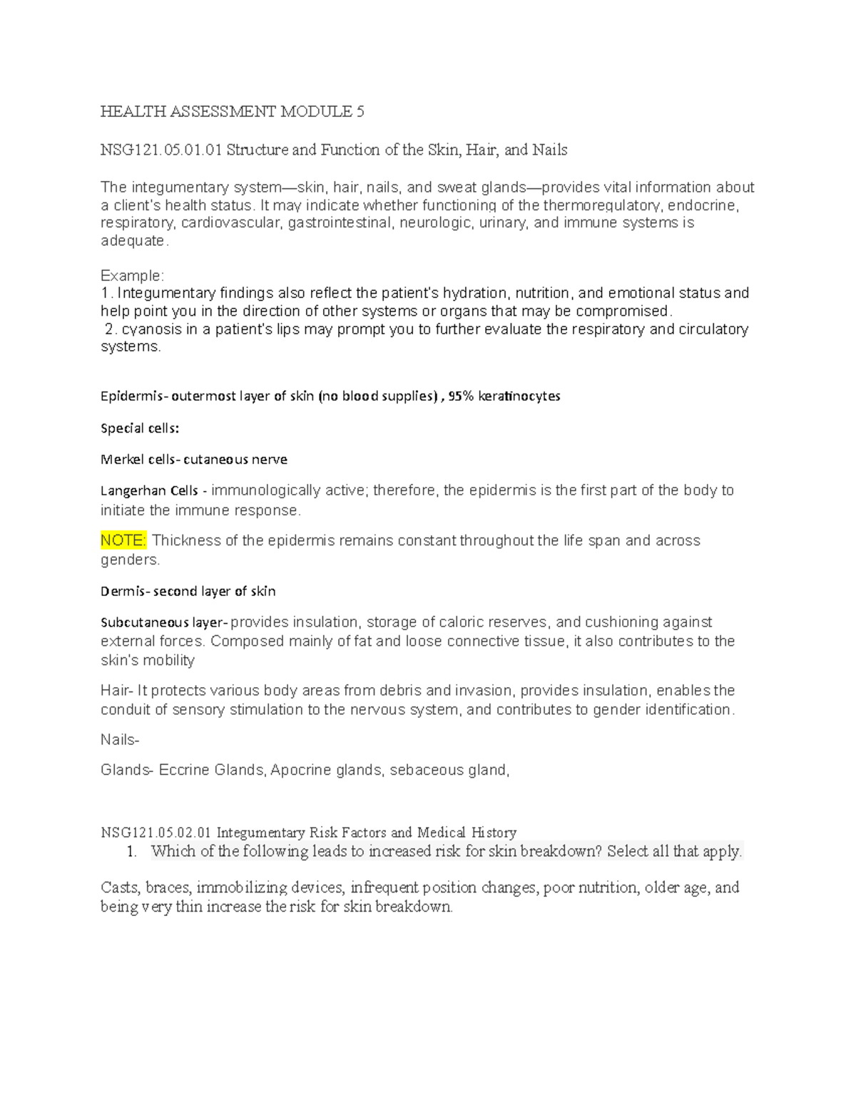 Module 5 Hair, Skin, Nails - HEALTH ASSESSMENT MODULE 5 NSG121.05.01 ...