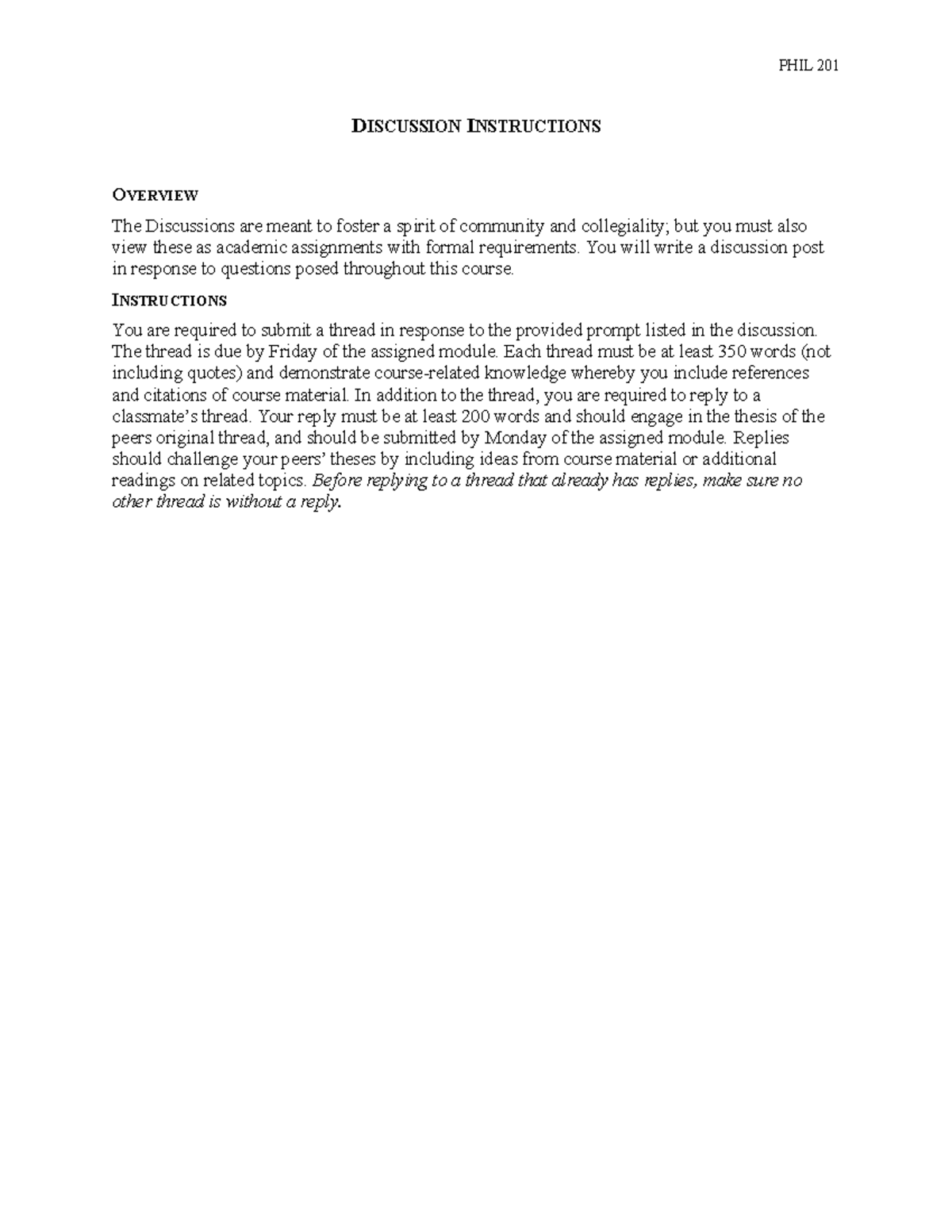 Discussion Board Instructions Phil 201 PHIL 201 LU Studocu