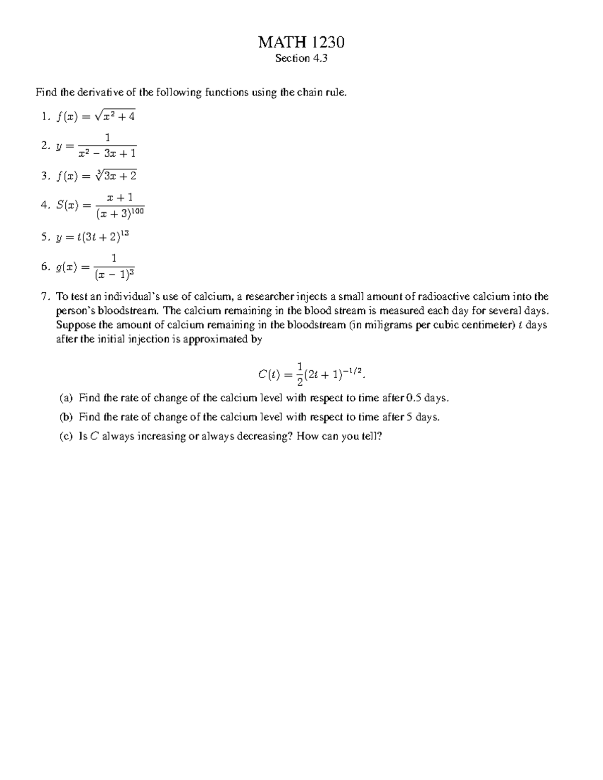 1230 Worksheet 4.3 Solutions - MATH 1230 Section 4. Find the derivative ...