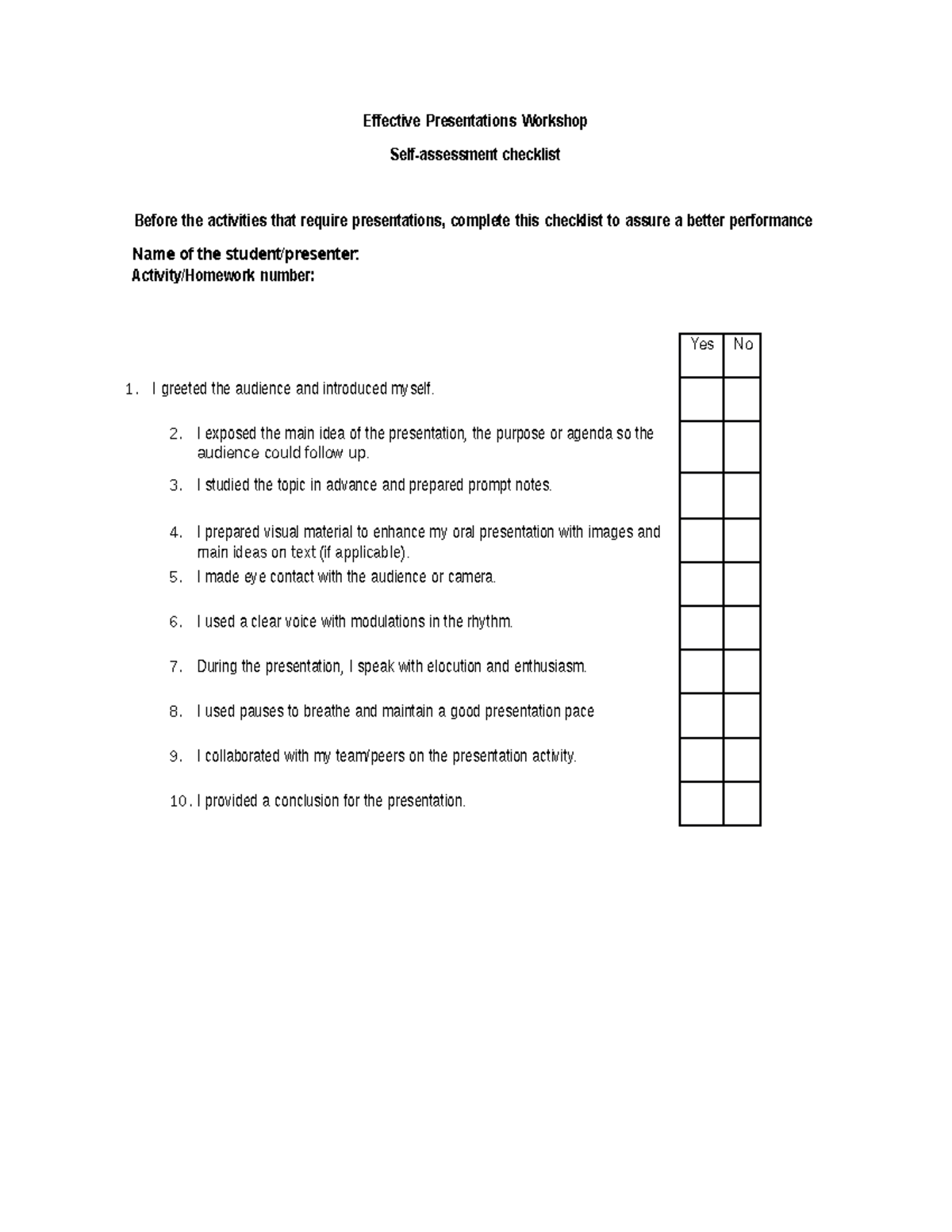 Self assessment rubric - copia - Effective Presentations Workshop Self ...