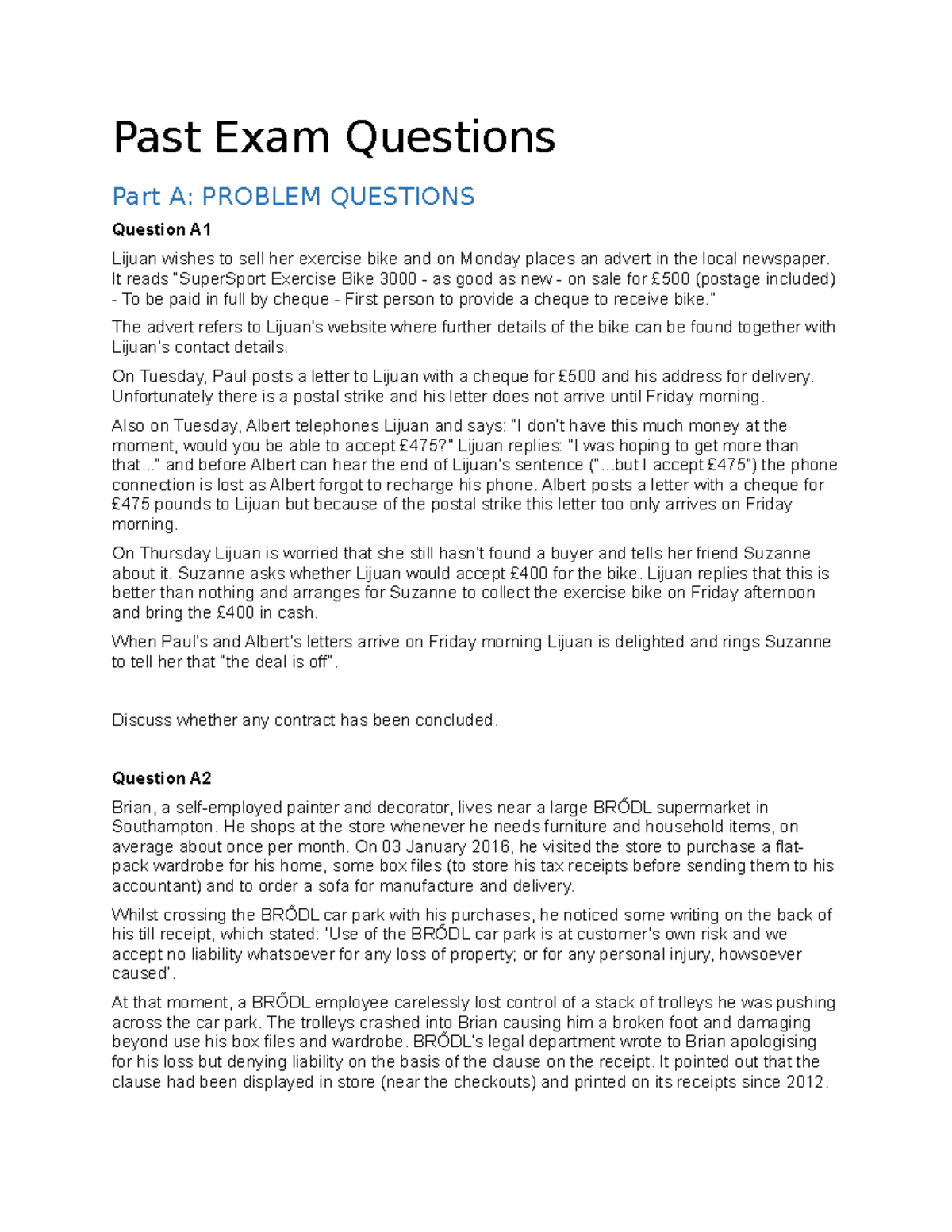 Past exam questions collection - LAWS1015 - Southampton - Studocu