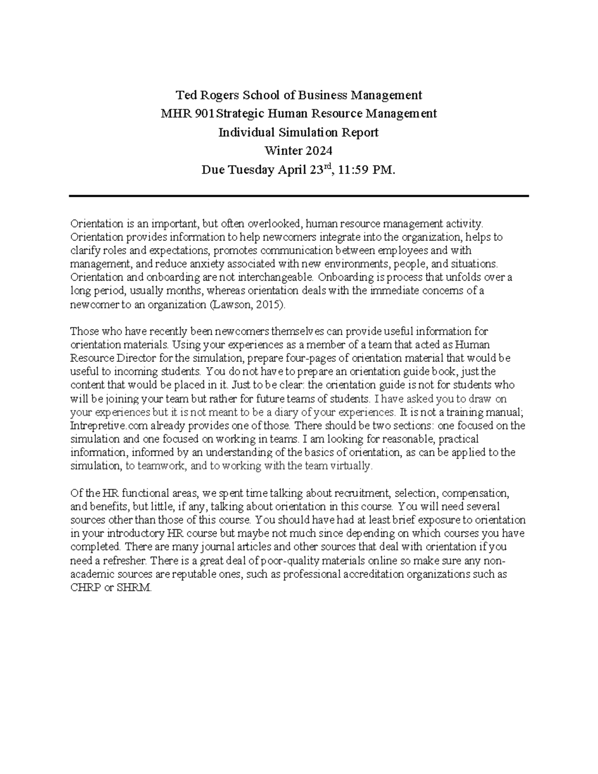 Individual Simulation Report Winter 2024 - Ted Rogers School of ...