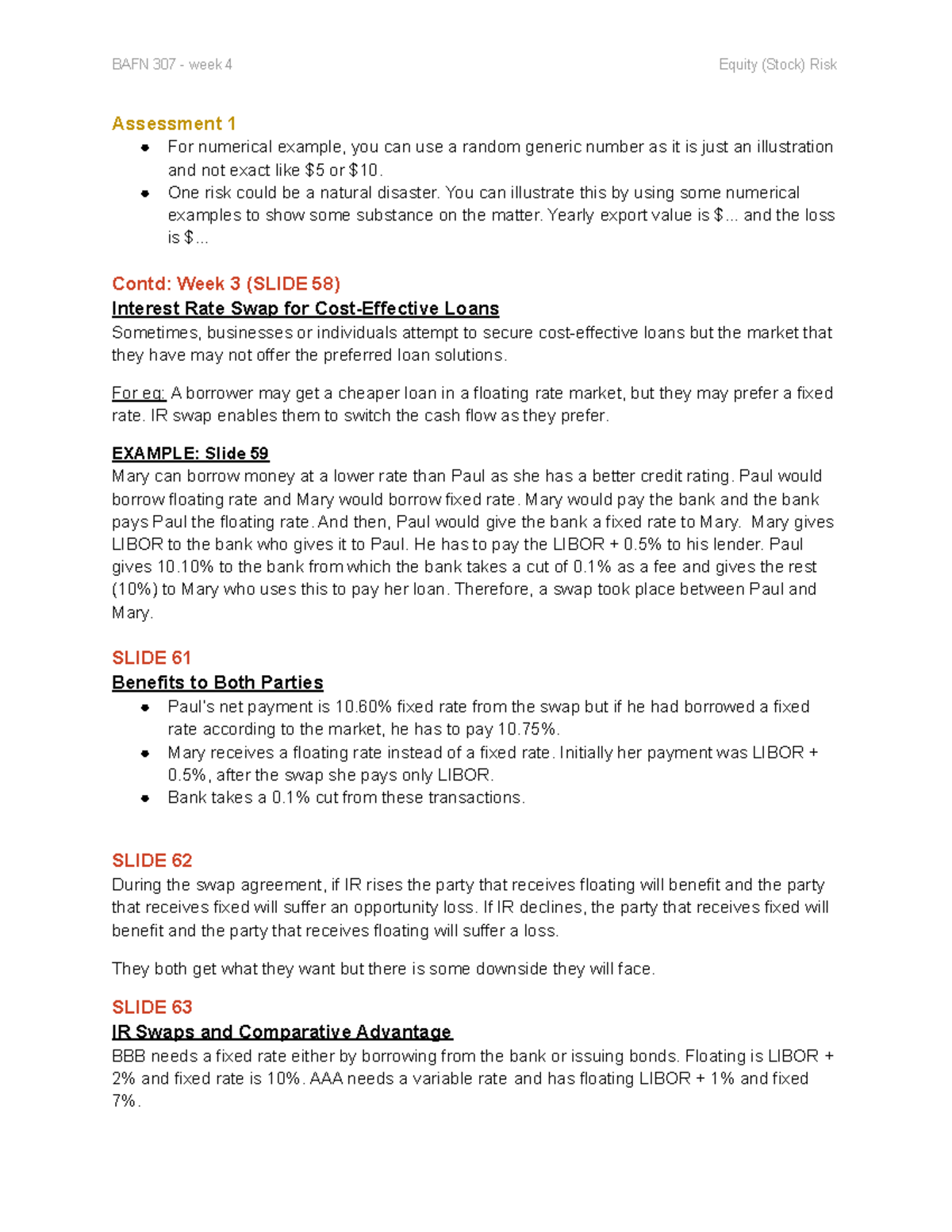 BAFN307 Week 4 - LECTURE NOTES - Assessment 1 For numerical example ...