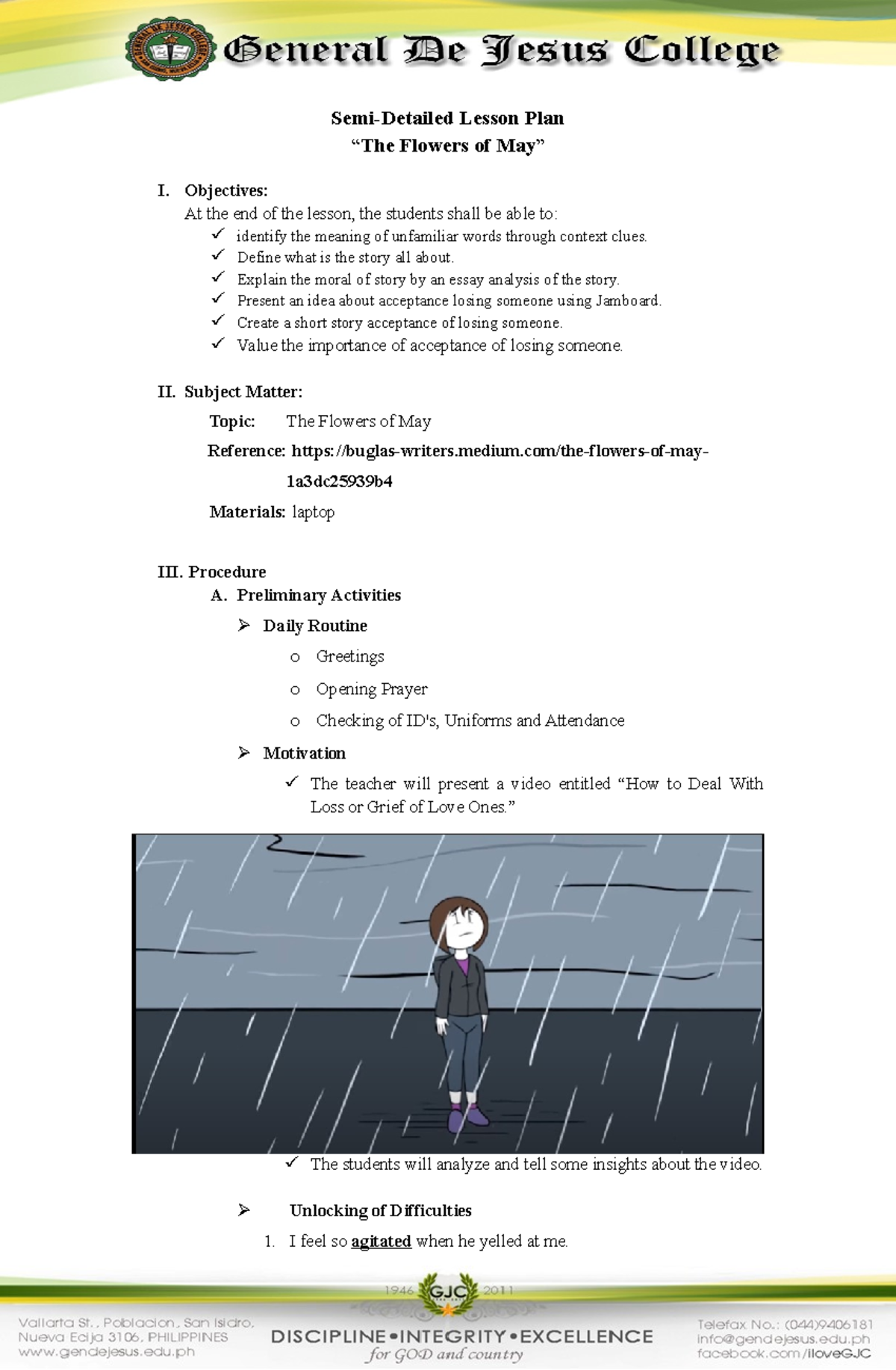 The flowers of may Lesson plan SemiDetailed Lesson Plan “ The