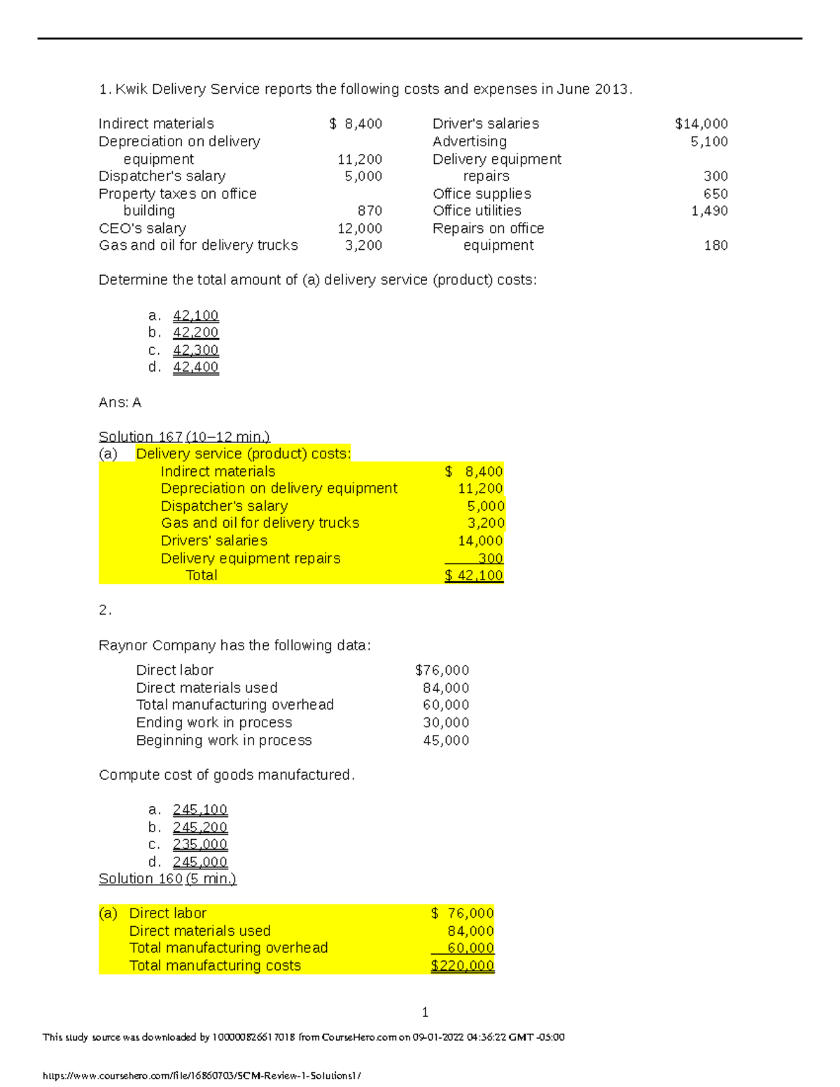 Doc - Quiz - Kwik Delivery Service reports the following costs and ...