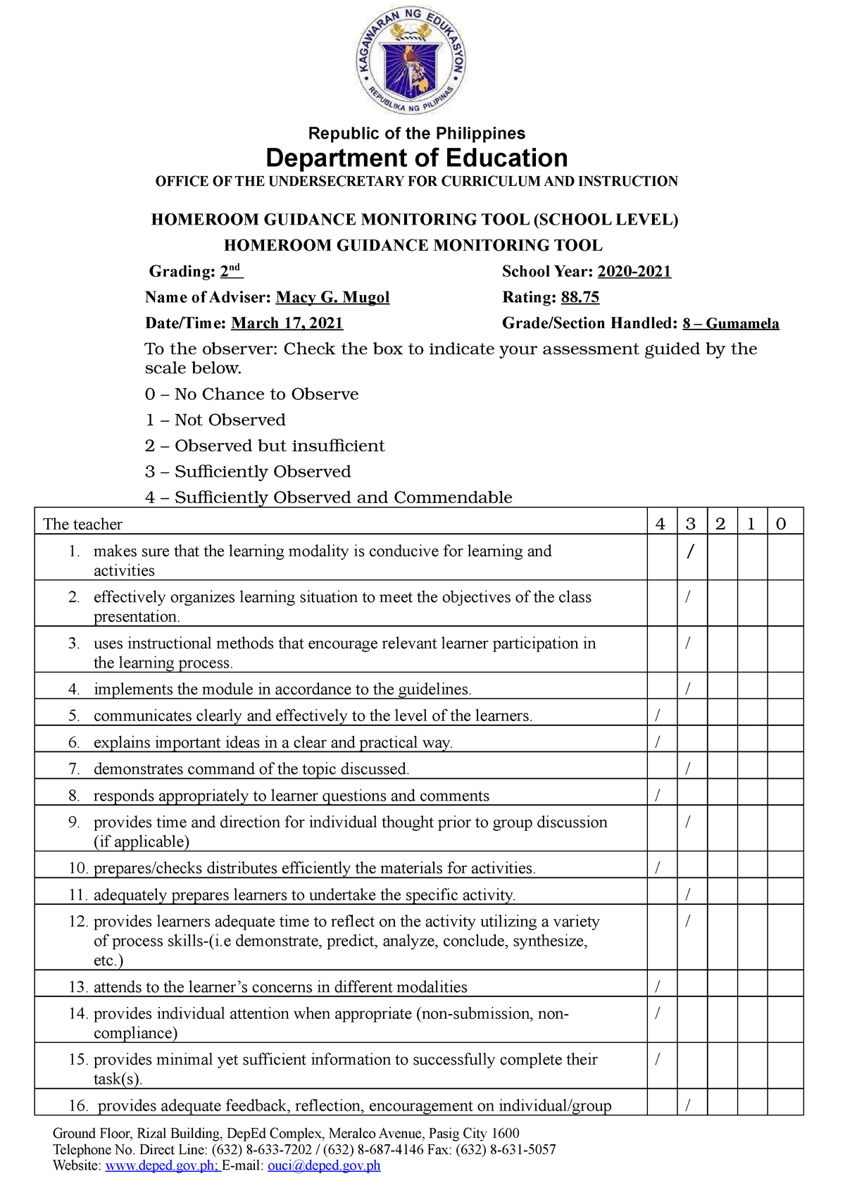 HGP Monitoring Tool School Level Annex 1 2nd Grading HOMEROOM 