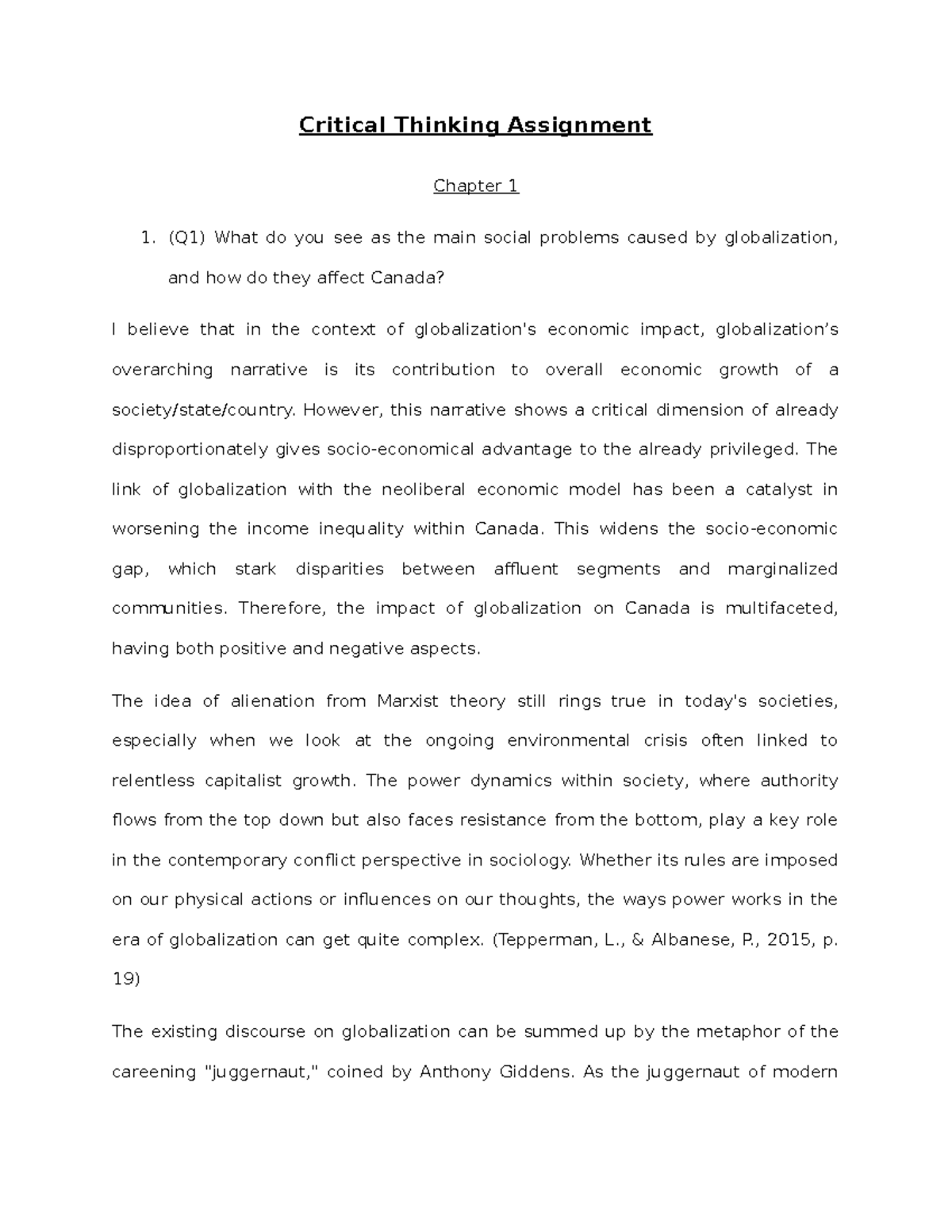 Critical Thinking Assignment - Critical Thinking Assignment Chapter 1 ...