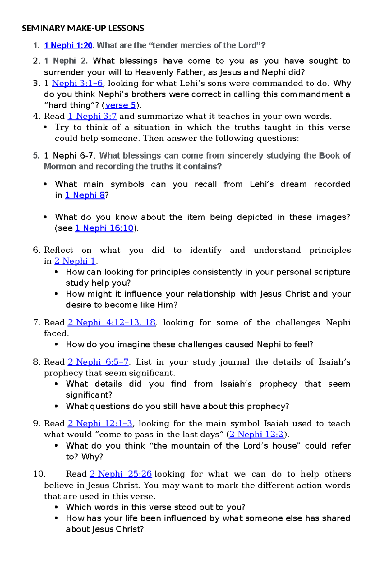 Seminary MAKE-UP - yes - SEMINARY MAKE-UP LESSONS 1 Nephi 1:20. What ...