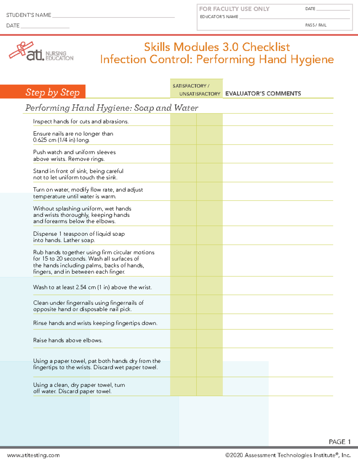 Ati Infection Control Hand hygiene checklist EDUCATOR IMPLEMENTATION