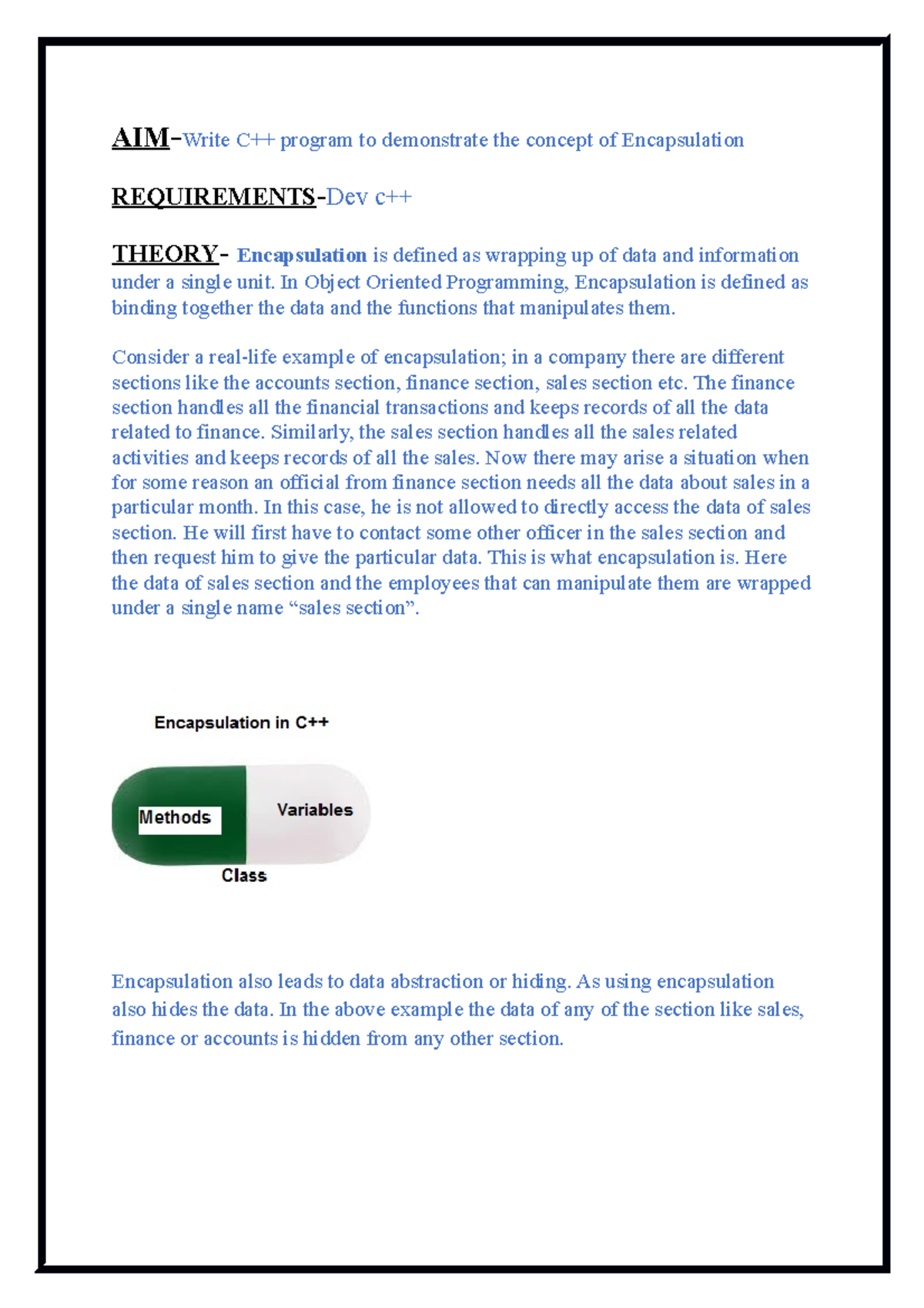 1 - Write a program to demonstrate encapsulation - AIM- Write C++ ...