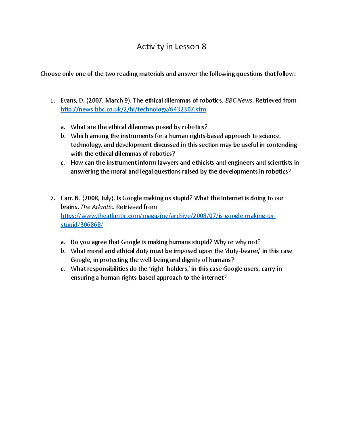 Activity in Science Technology and Society - Activity in Lesson 8 ...