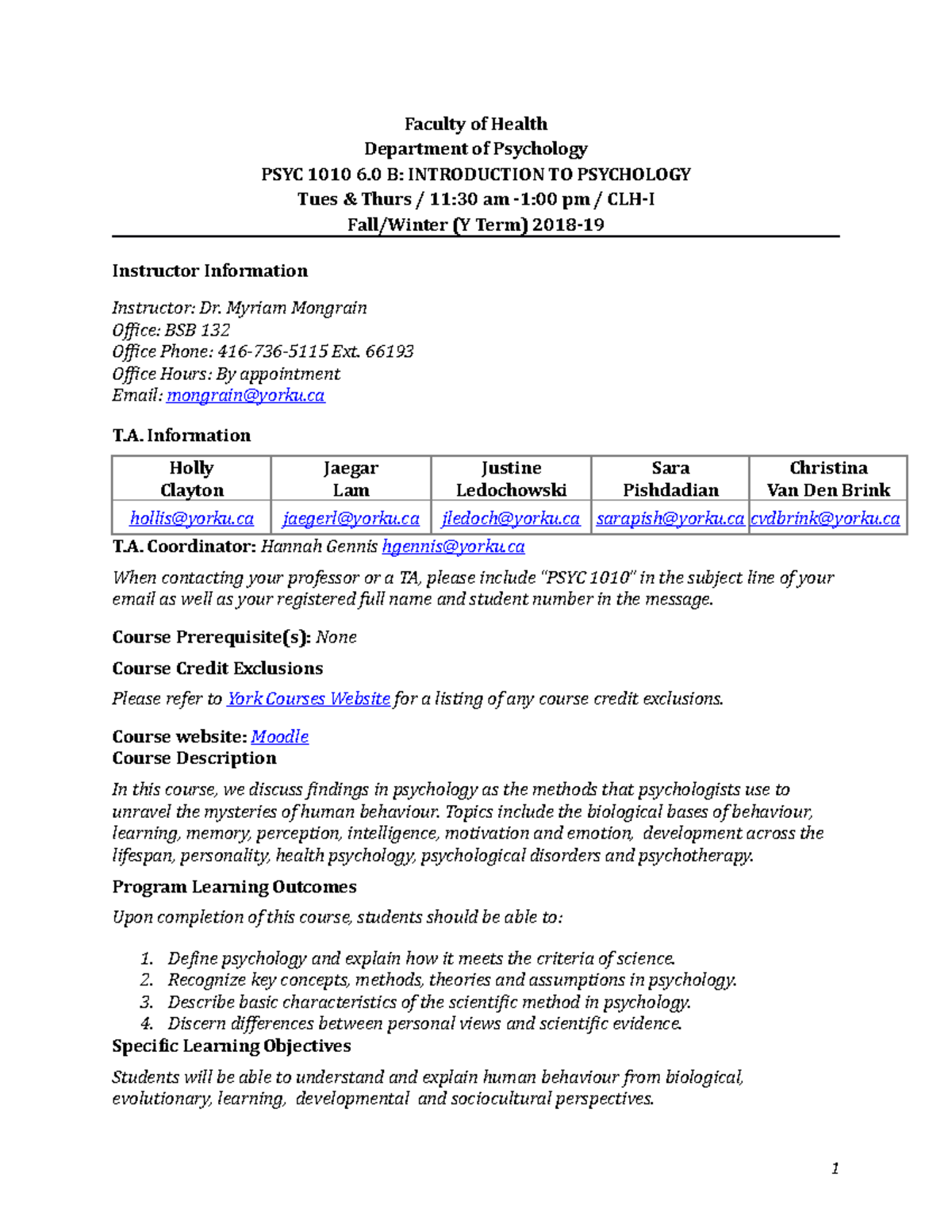 PSYC 1010 Syllabus B - 2018-19 - Faculty Of Health Department Of ...