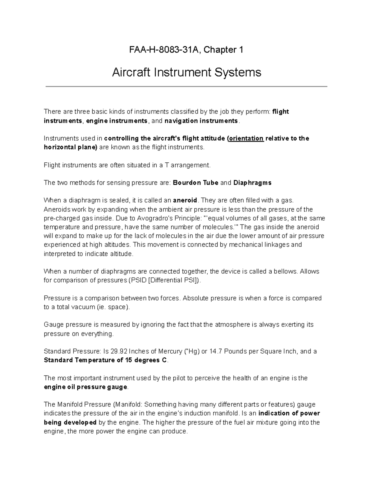 Aircraft Instrument Systems FAAH808331A, Chapter 1 Aircraft