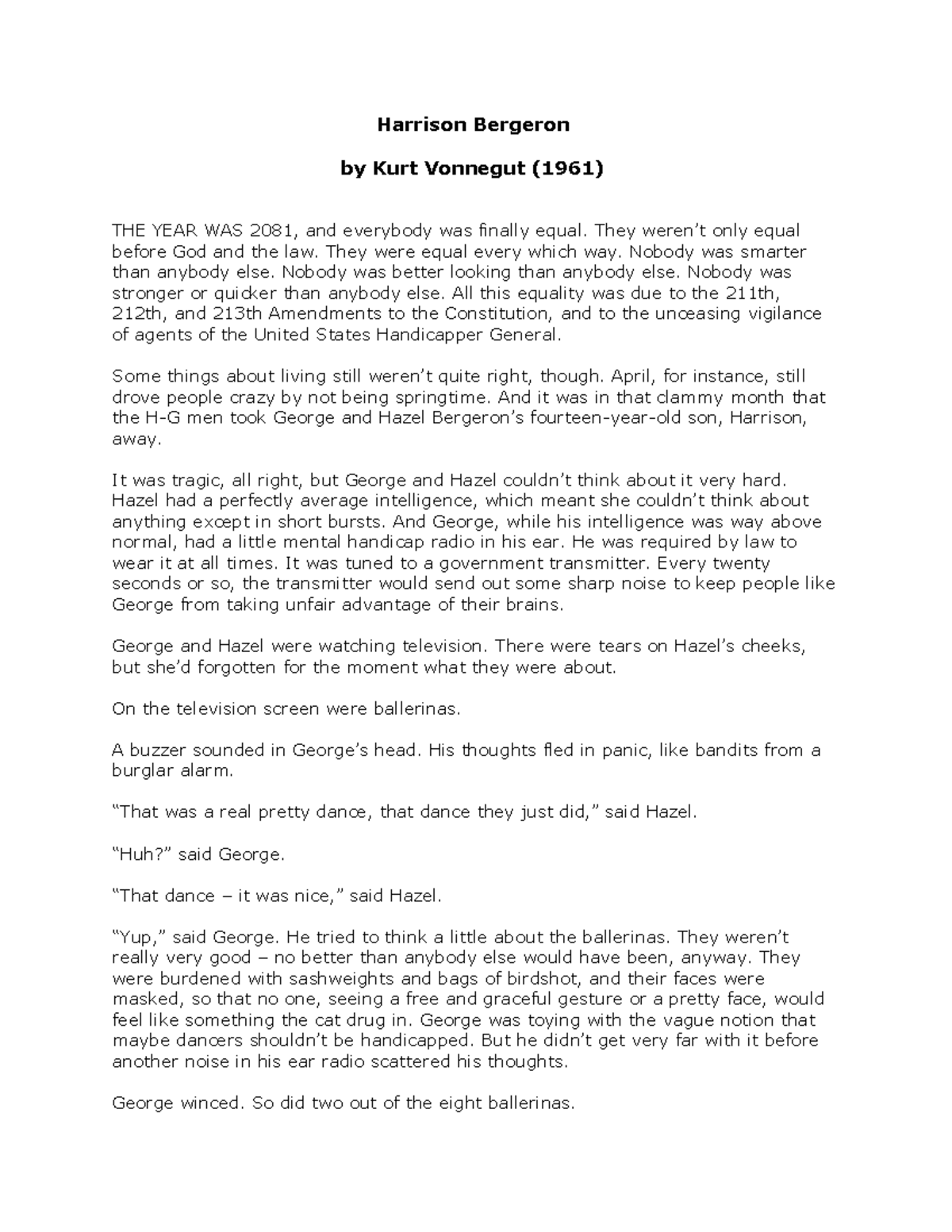 Harrison Bergeron - coursework - Harrison Bergeron by Kurt Vonnegut ...