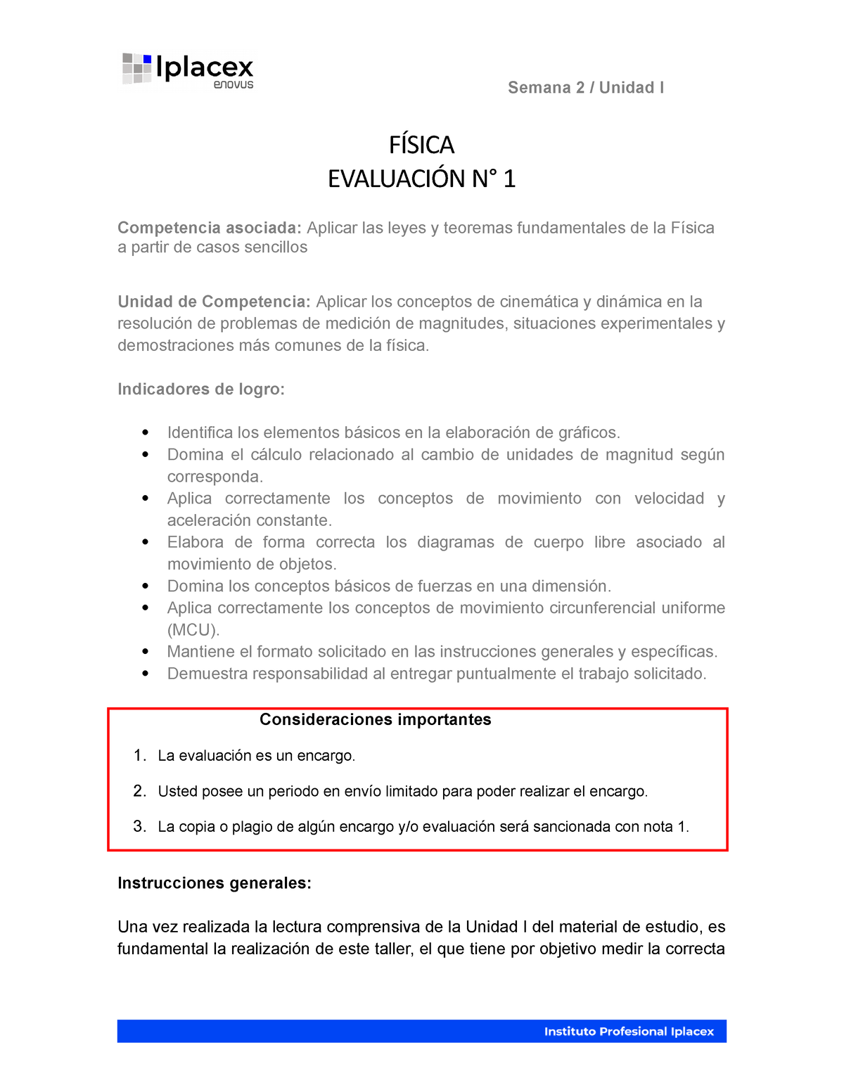 Evaluación Fisica 1 - FÍSICA EVALUACIÓN N° 1 Competencia Asociada ...