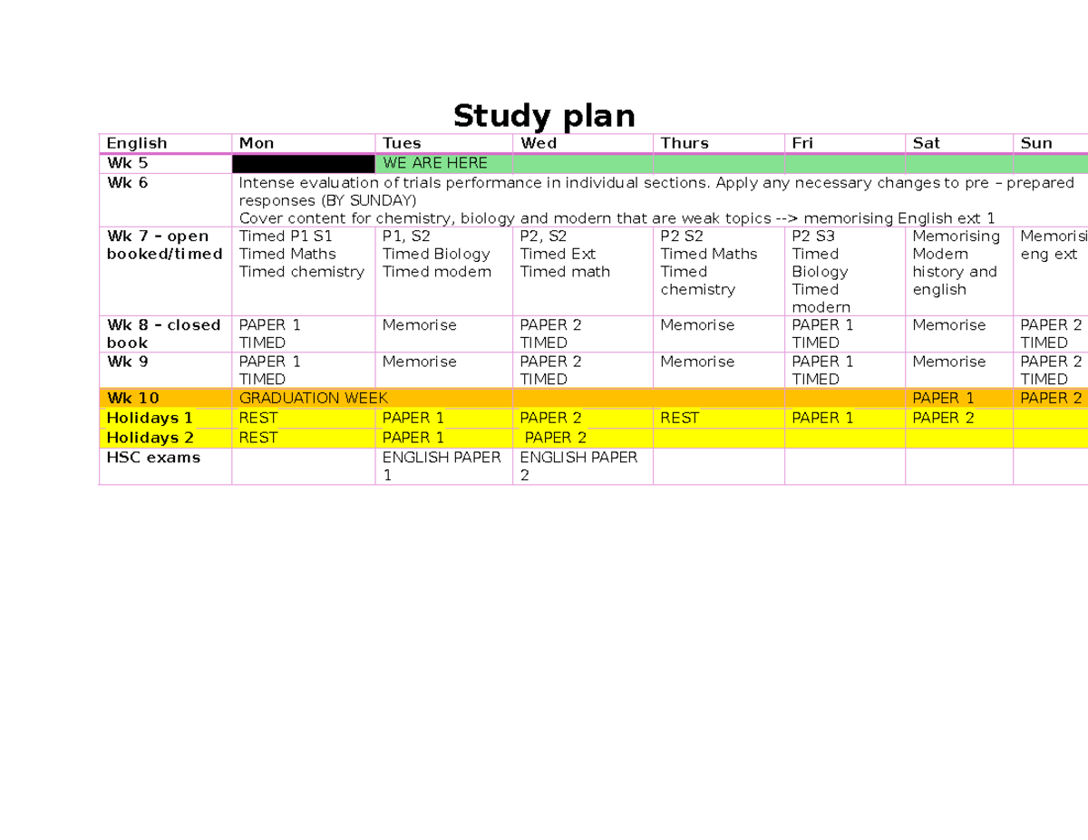Study plan - notes - Study plan English Mon Tues Wed Thurs Fri Sat Sun ...