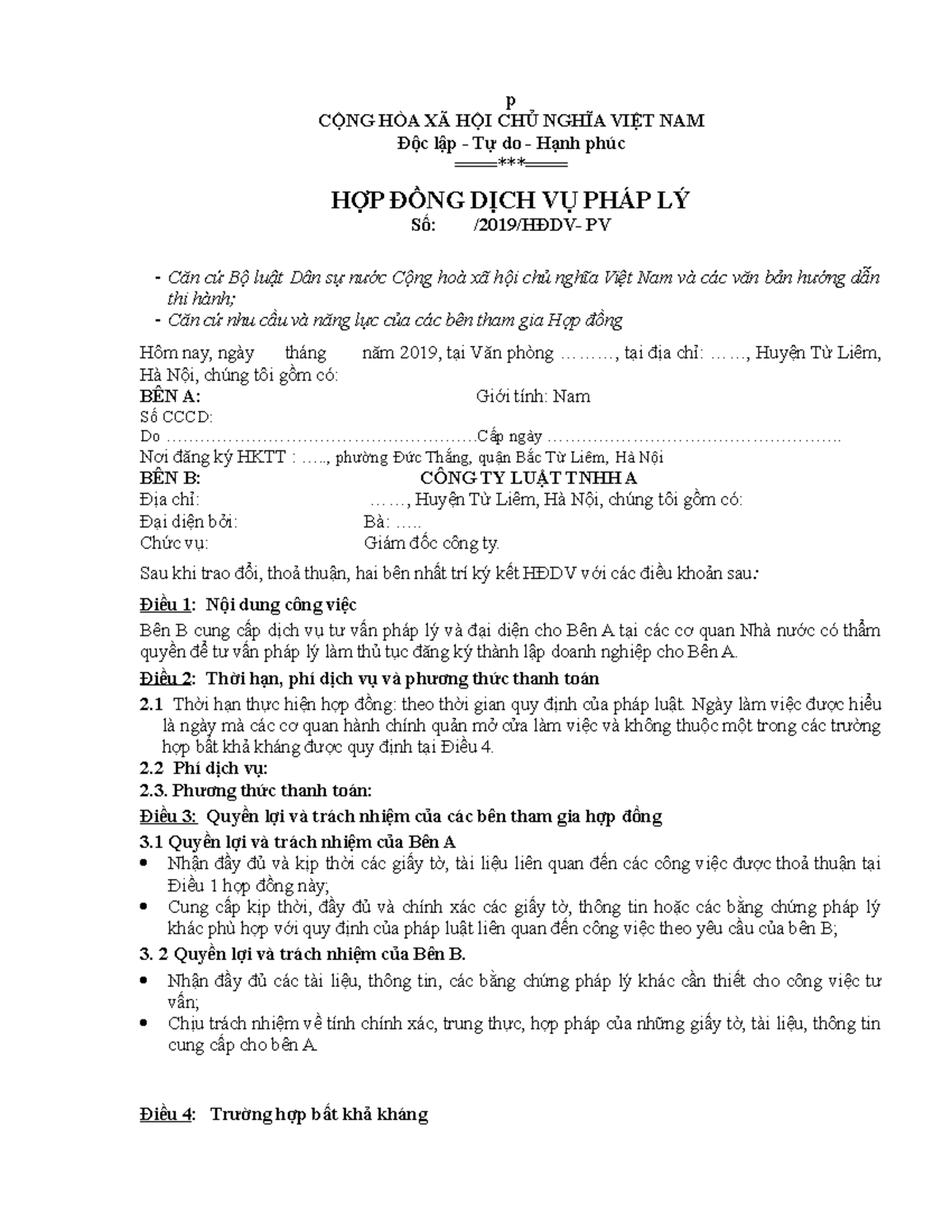 MẪU HĐ DVPL - MẪU HĐ DVPL - p CỘNG HÒA XÃ HỘI CHỦ NGHĨA VIỆT NAM Độc ...