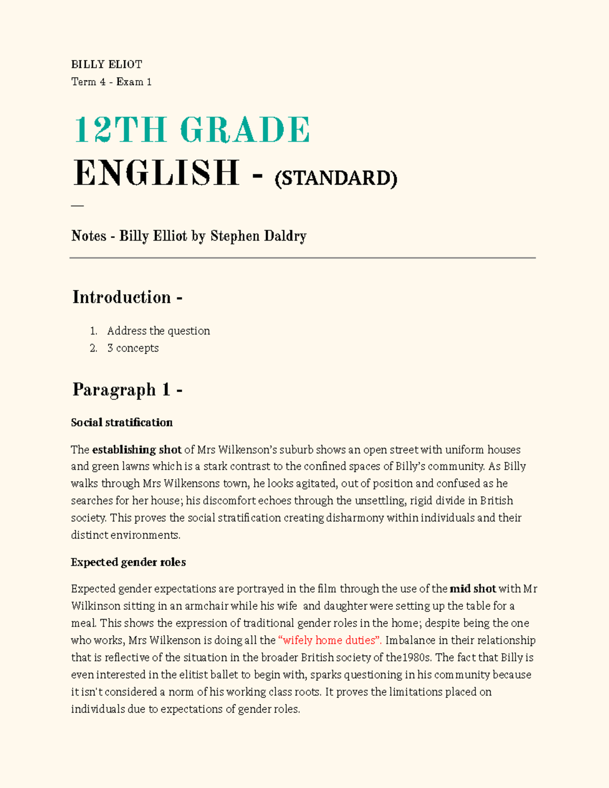 Billy Elliot - Texts and Human Experiences - BILLY ELIOT Term 4 - Exam ...
