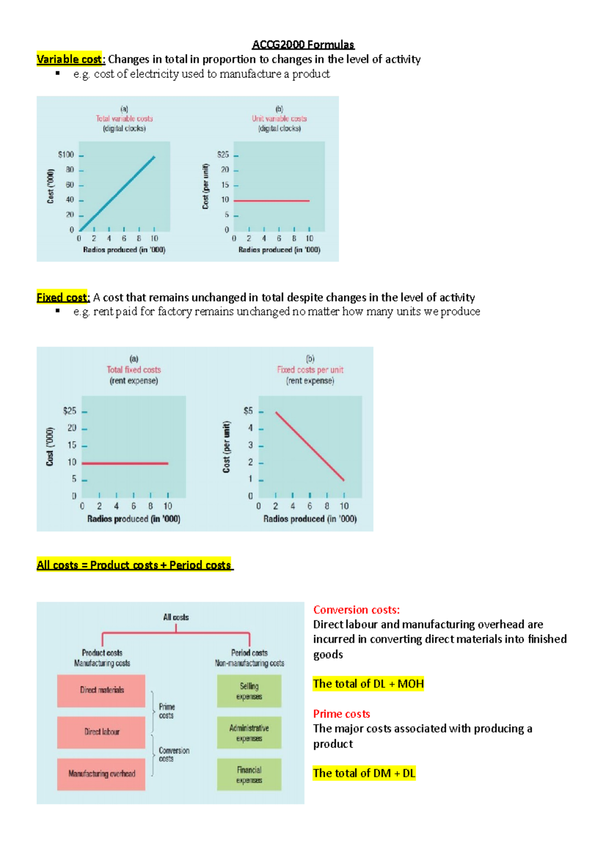 Formula Summary - ACCG2000 Formulas Variable cost : Changes in total in ...