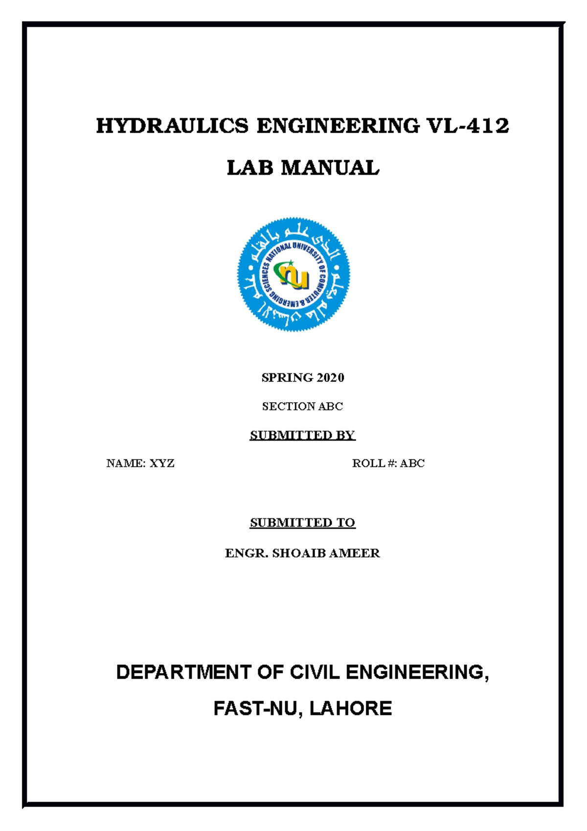 Lab Manual VL412 Hydraulics Engineering HYDRAULICS ENGINEERING LAB