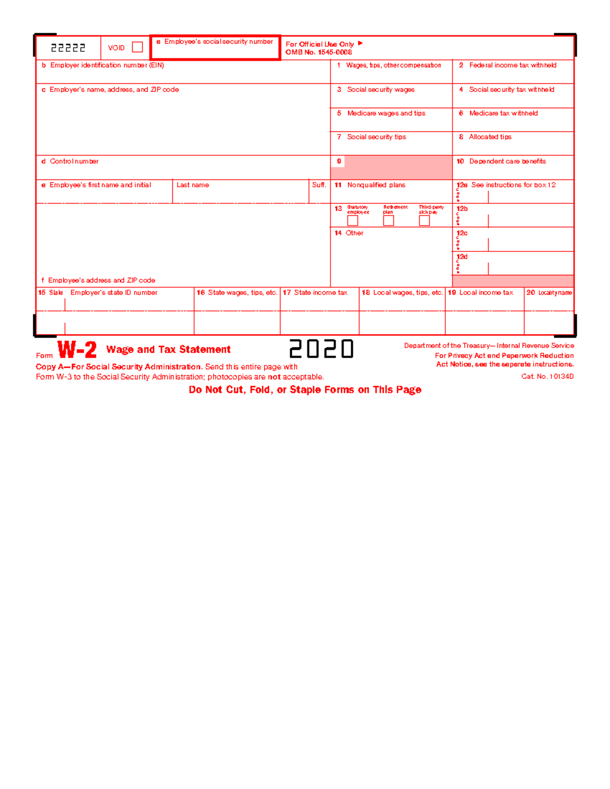 W2-2020 - Template for w2 tax documents - 22222 VOID a Employee’s ...