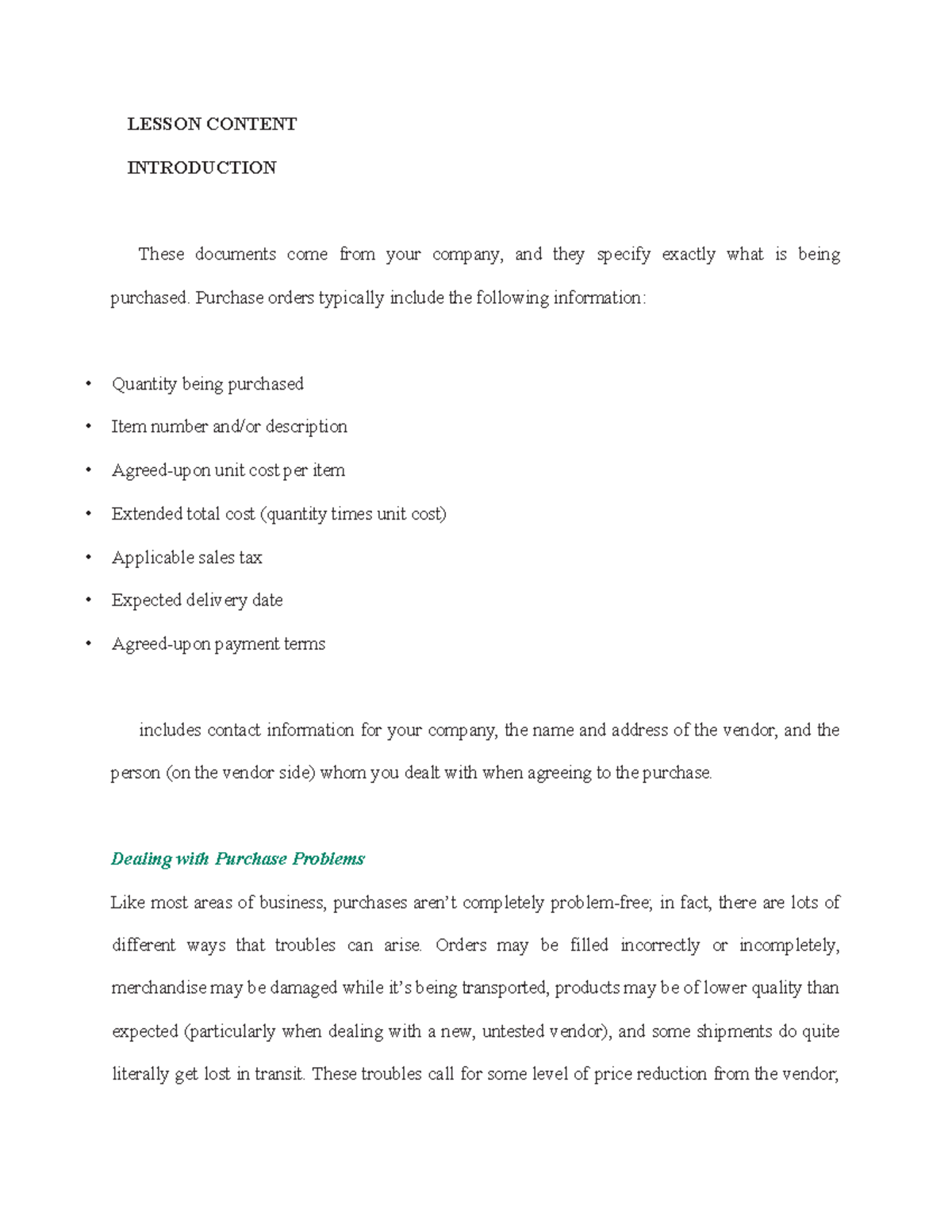Purchase Orders Acc - LESSON CONTENT INTRODUCTION These documents come ...