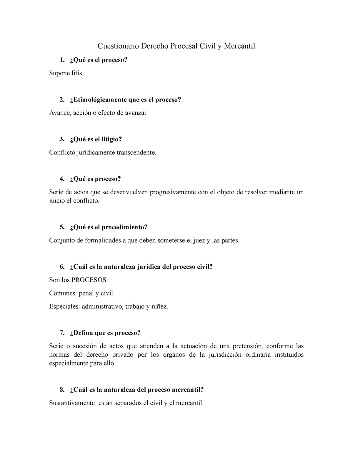 Cuestionario Dpcym Cuestionario Derecho Procesal Civil y Mercantil Qué es el proceso