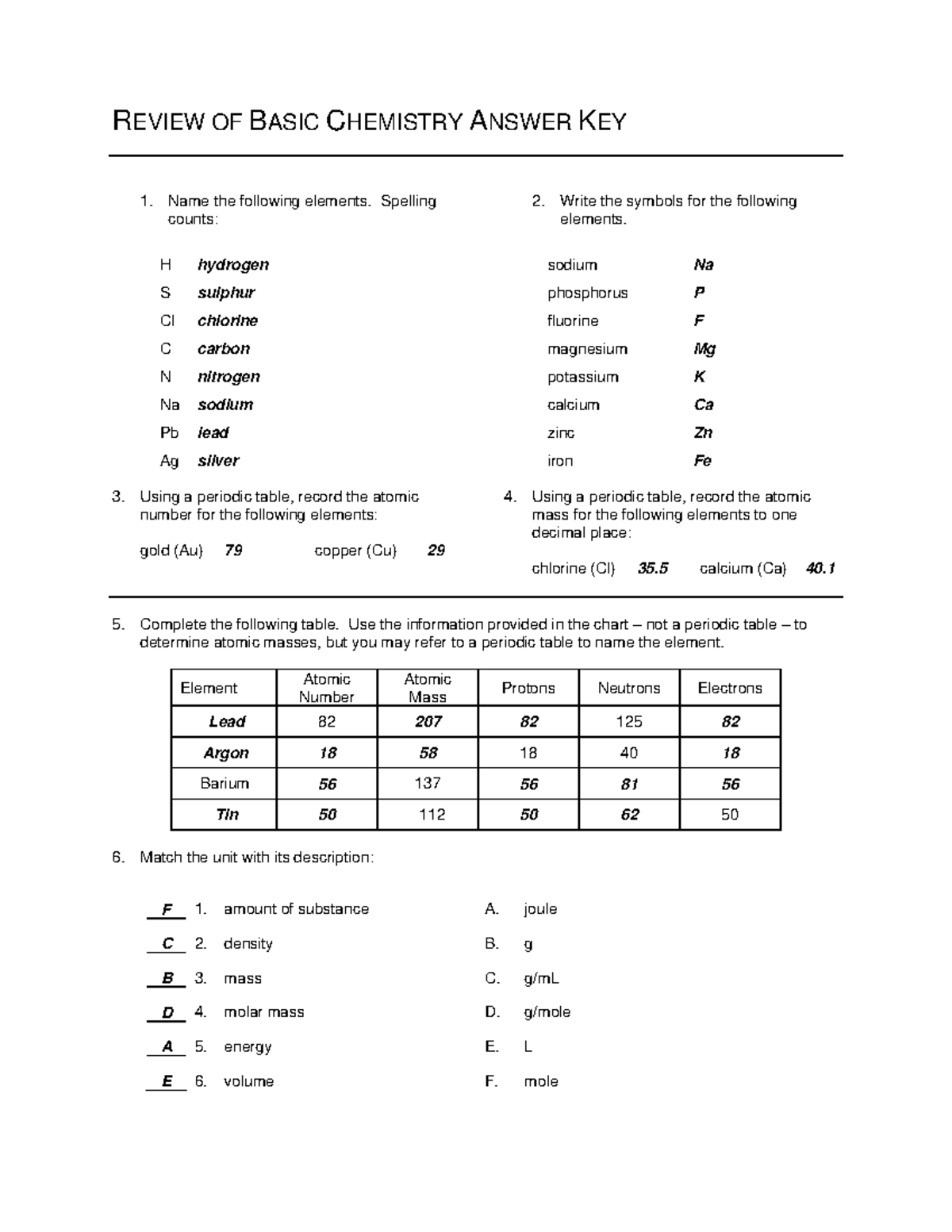 Basic Chem Review Answers 1 - REVIEW OF BASIC CHEMISTRY ANSWER KEY Name ...