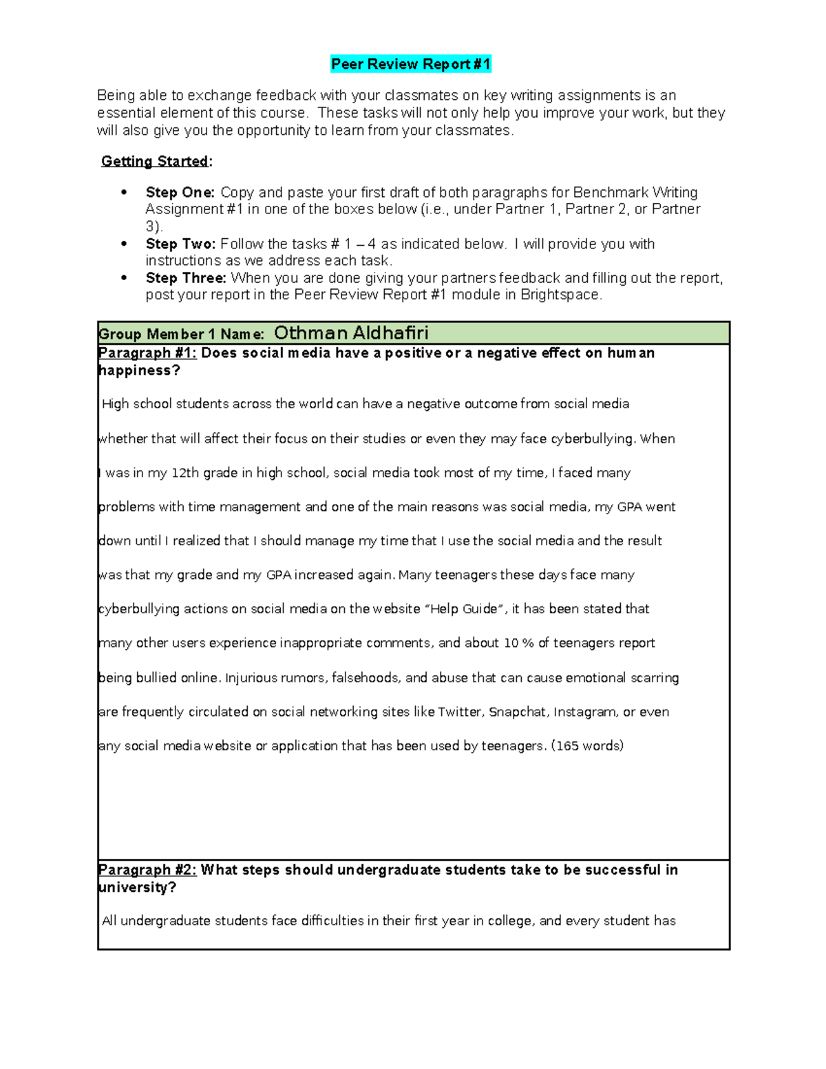 Peer Review-Benchmark Writing Assignment - Peer Review Report Being ...