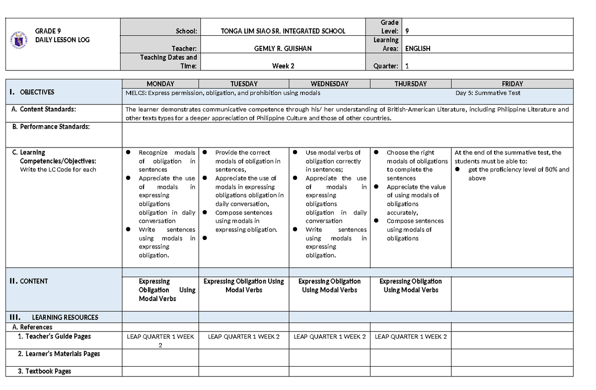 W2 - helpful - GRADE 9 DAILY LESSON LOG School: TONGA LIM SIAO SR ...