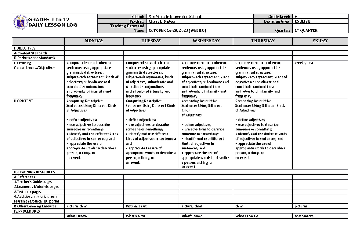 DLL English 5 Q1 W8 - GRADES 1 to 12 DAILY LESSON LOG School: San ...