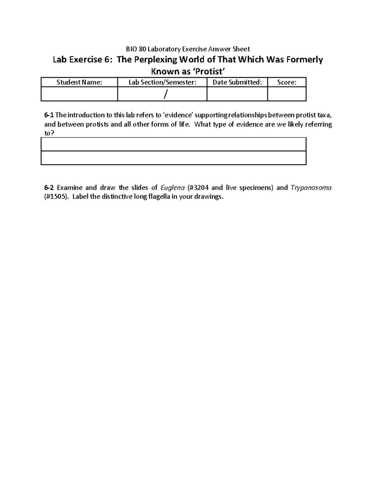 BIO 80 Laboratory Exercise 6, Protista Answer Sheet - BIO 80 Laboratory ...