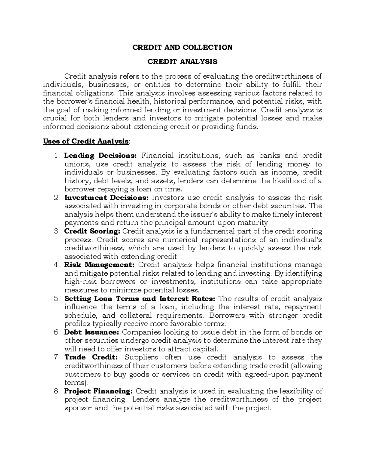 Credit Analysis - CREDIT AND COLLECTION CREDIT ANALYSIS Credit analysis ...