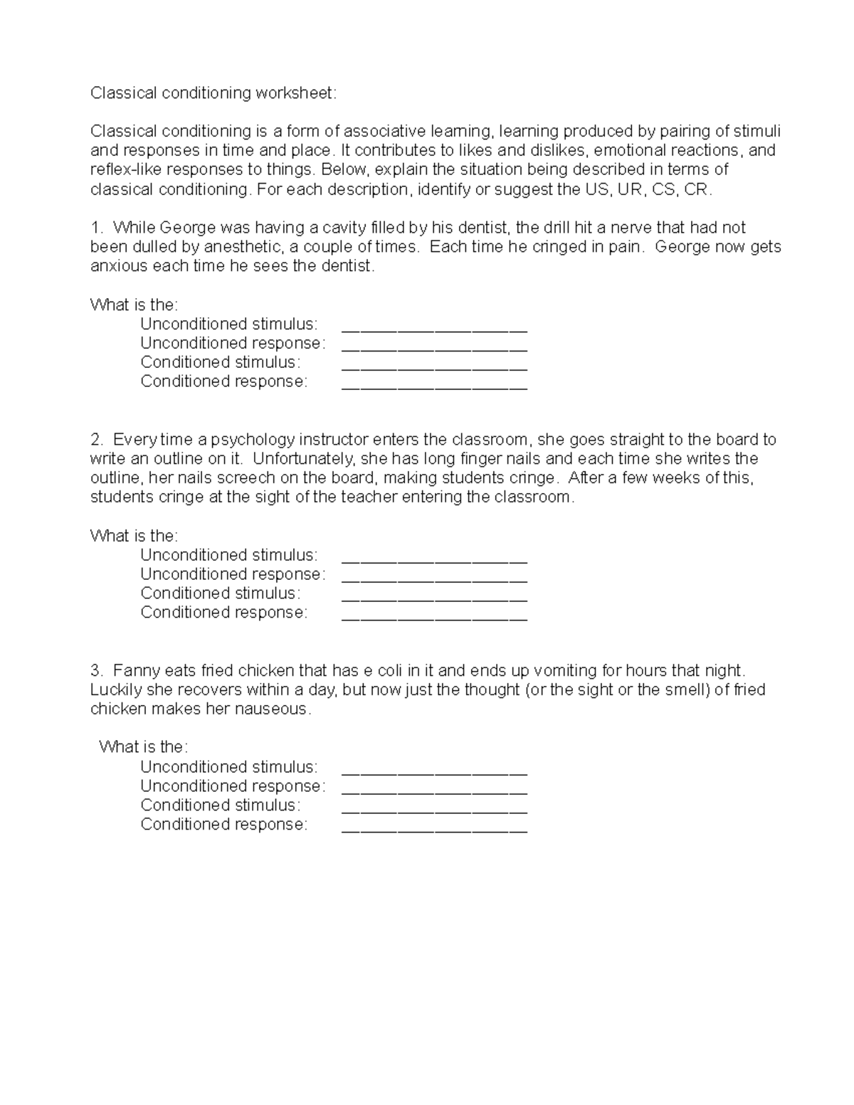 Classical Conditioning Worksheet Classical Conditioning Worksheet Classical Conditioning Is A 