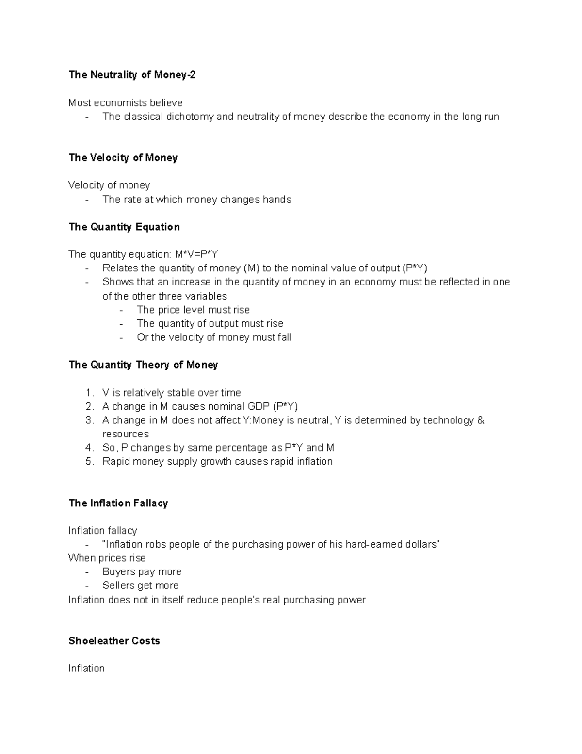 ECO 205 Chapter 12,13,15, 16 - The Neutrality of Money- Most economists ...