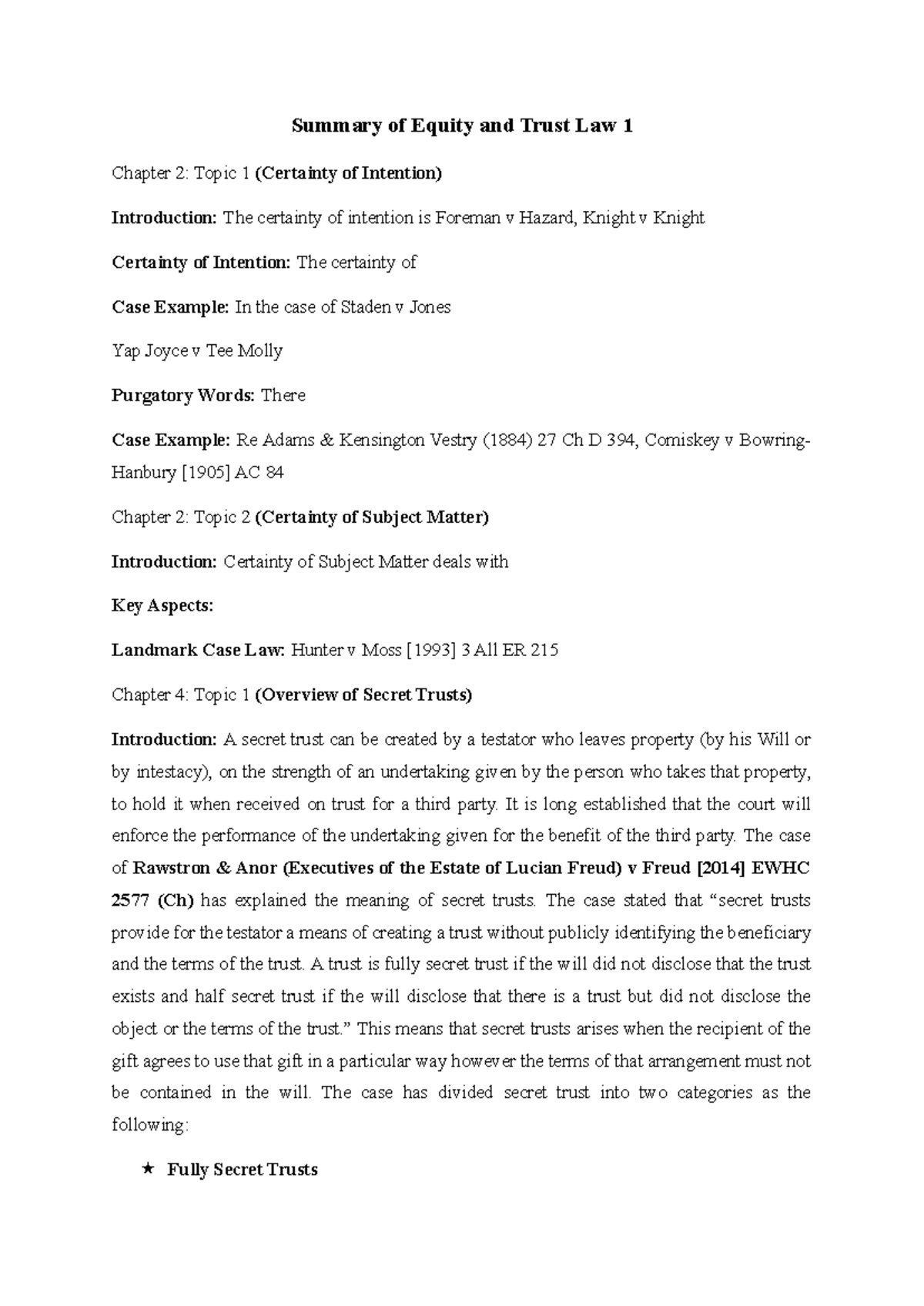 Summary of Equity and Trust Law 1 - It is long established that the ...