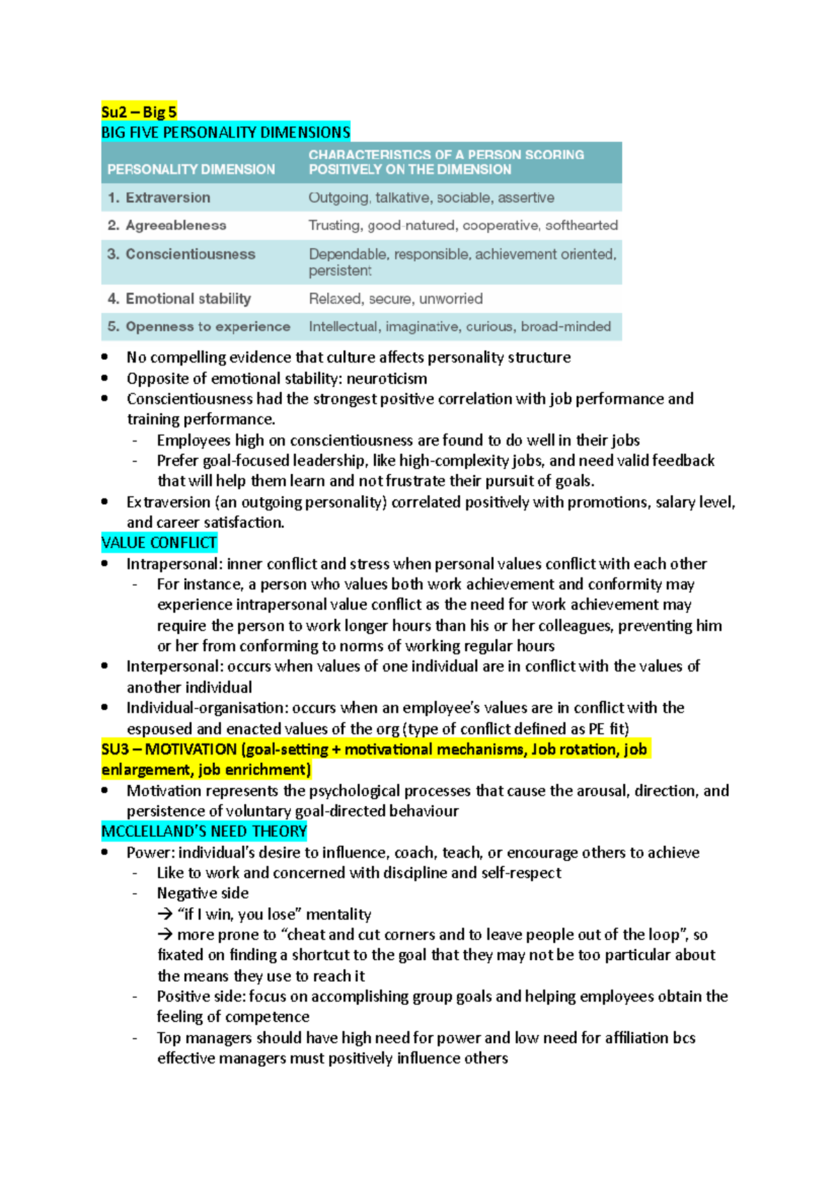 HRM notes - Coverage of exam tips from lectures - Su2 – Big 5 BIG FIVE ...