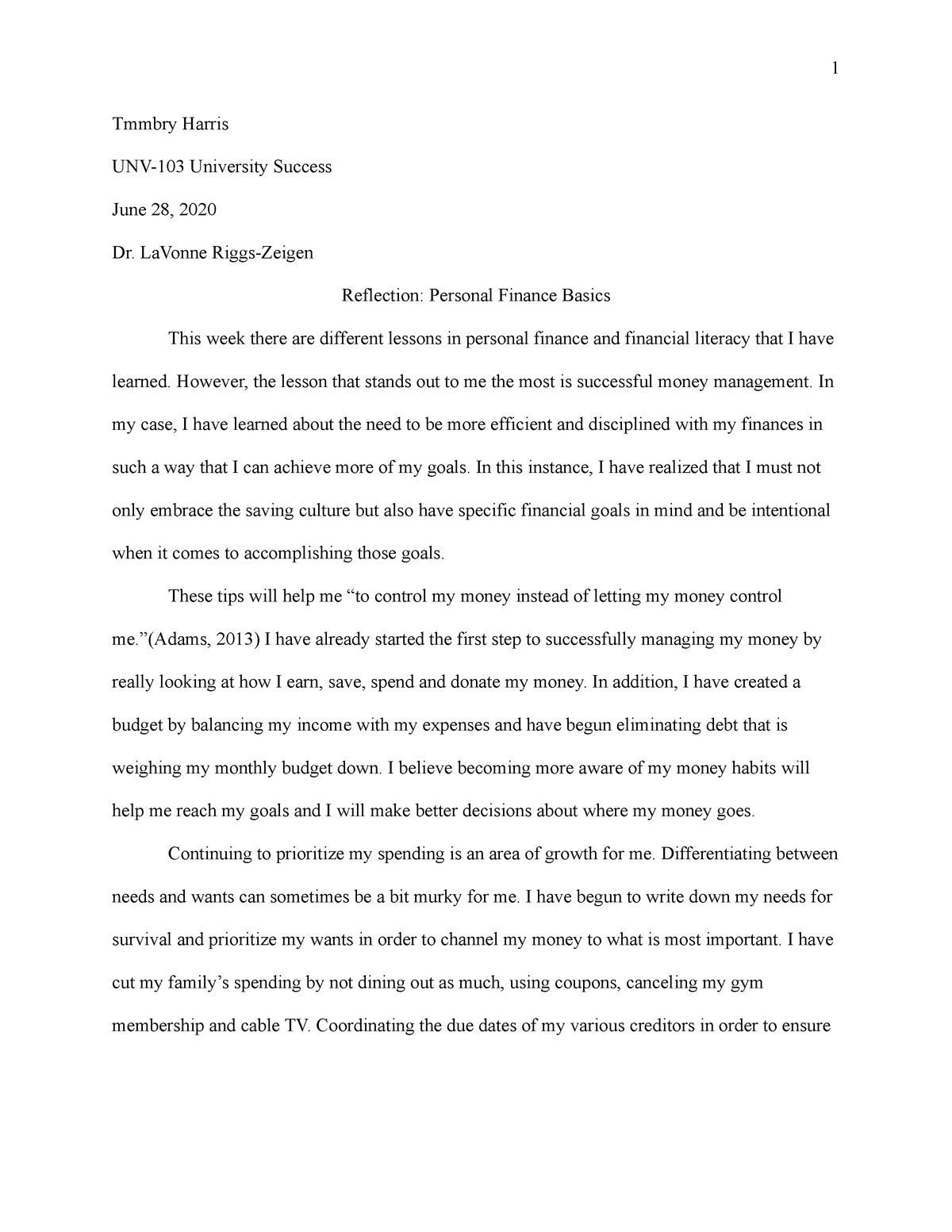 personal finance reflection essay