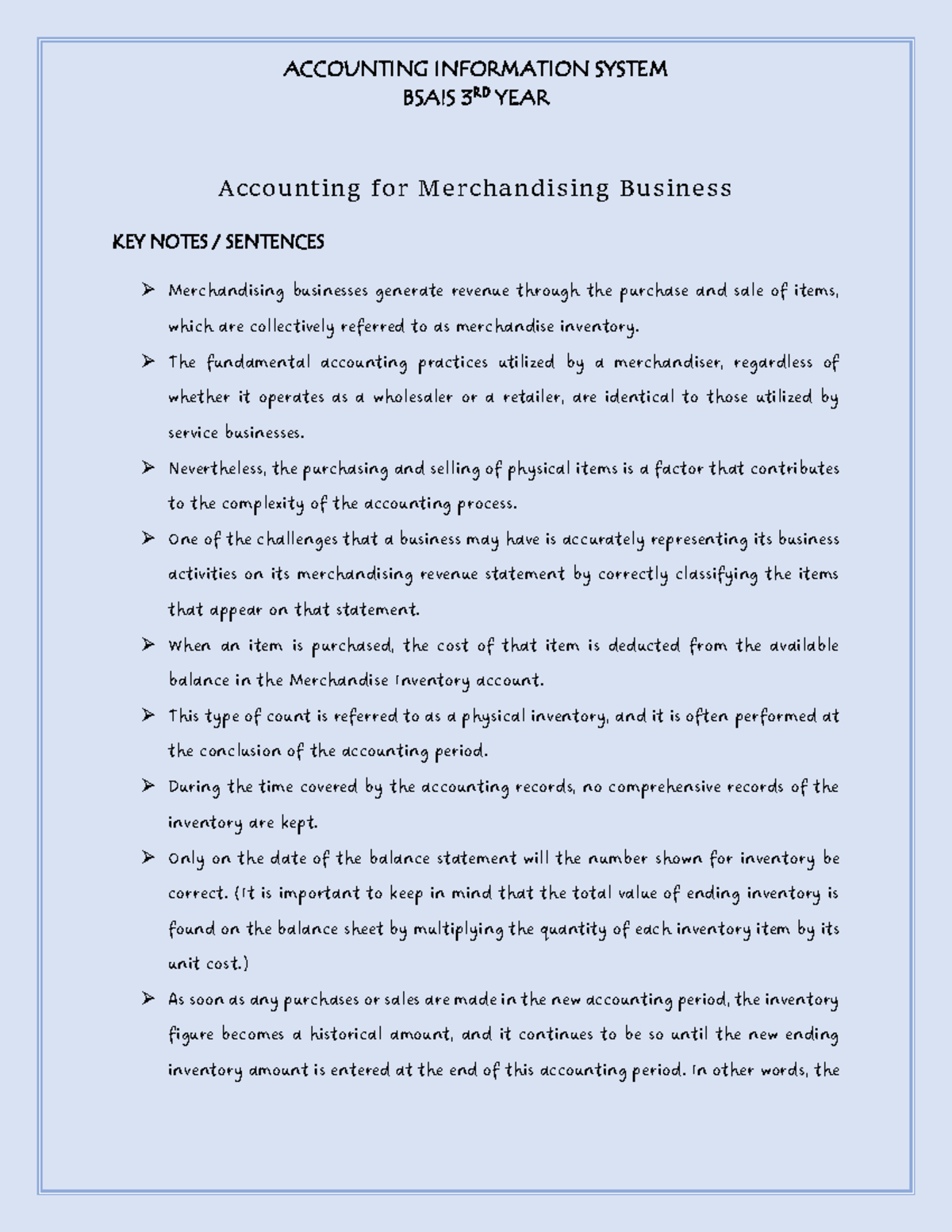 Bsais KEY Notes AND Study Guide 1 - BSAIS 3 RD YEAR Accounting for M ...
