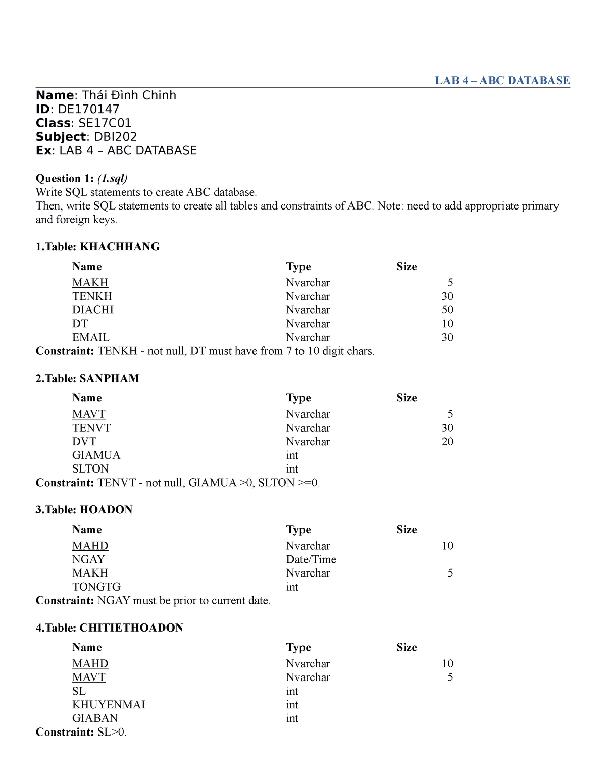 DBI202 LAB4 Dinhchinh - Sdfsfsdf - LAB 4 – ABC DATABASE Name: Thái Đình ...