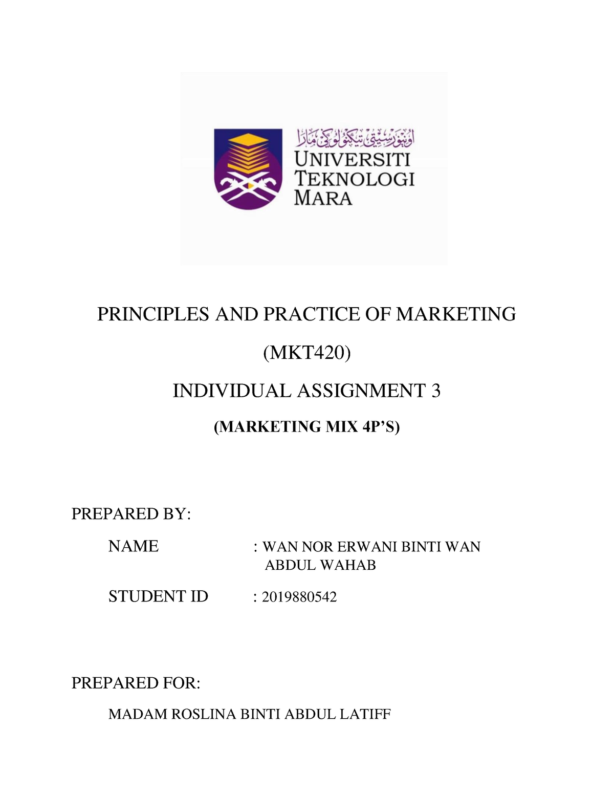 principles of marketing individual assignment