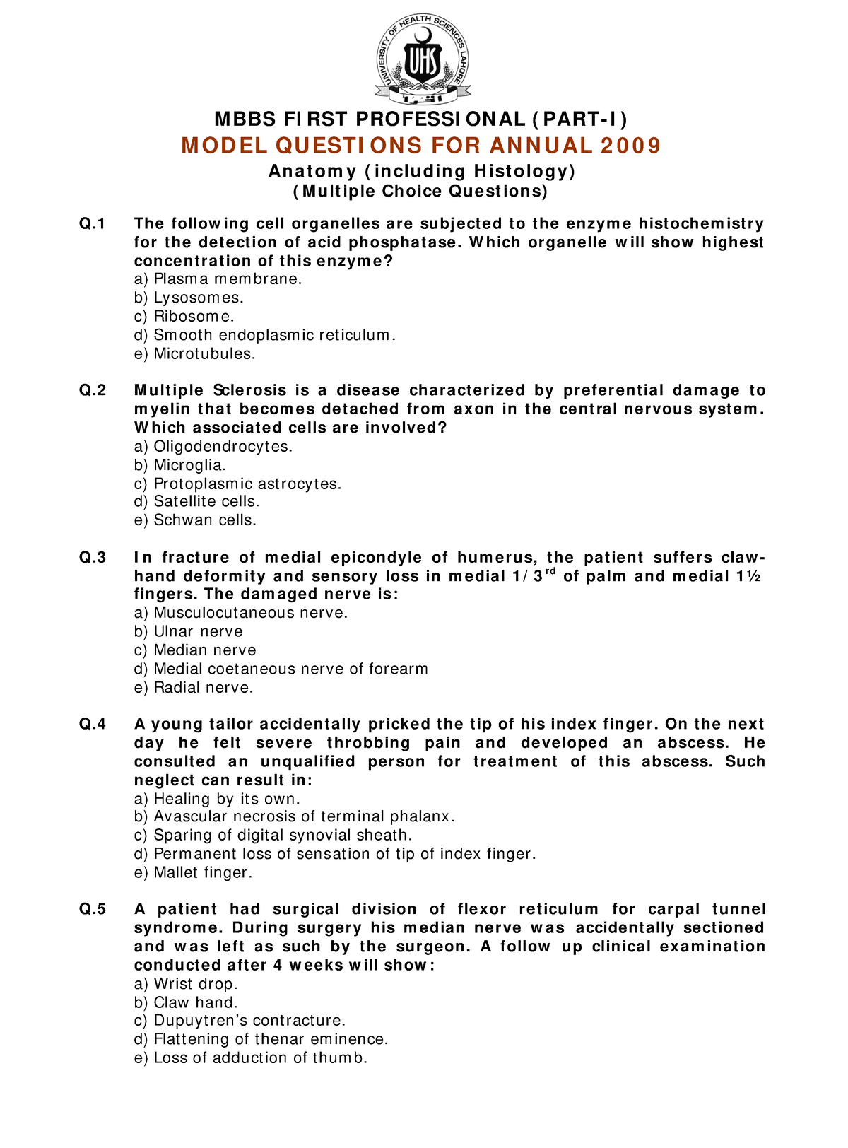 Anatomy I MCQ - MBBS 2 - M BBS FI RST PROFESSI ON AL ( PART- I ) M OD ...