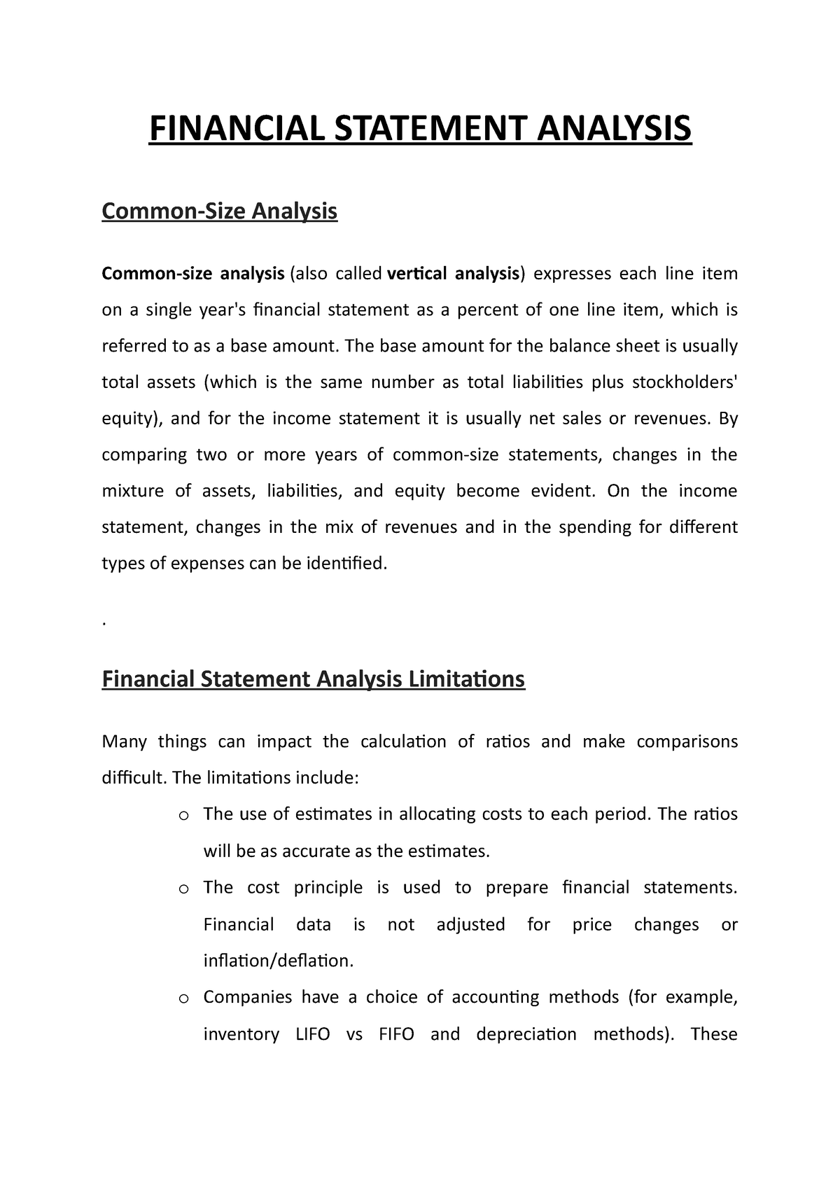 Financial Statement Analysis - Financial Statement Analysis Common‐size 