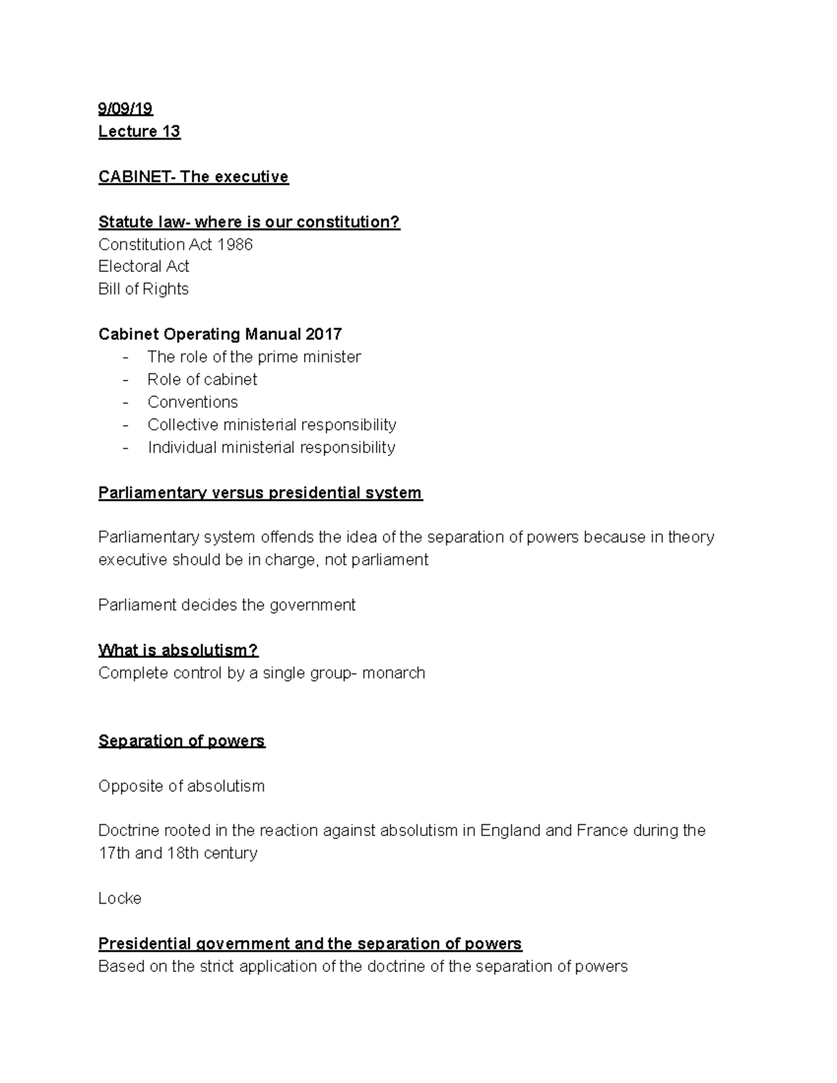 POLS111-Lecture 12 - the executive - Lecture 13 The executive Statute ...